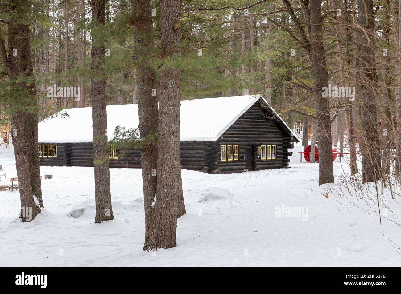 Grayling, Michigan - le musée de l'exploitation forestière du parc régional de Hartwick Pines, construit en 1930s par le civil conservation corps. Le parcage affiche l'enregistrement Banque D'Images