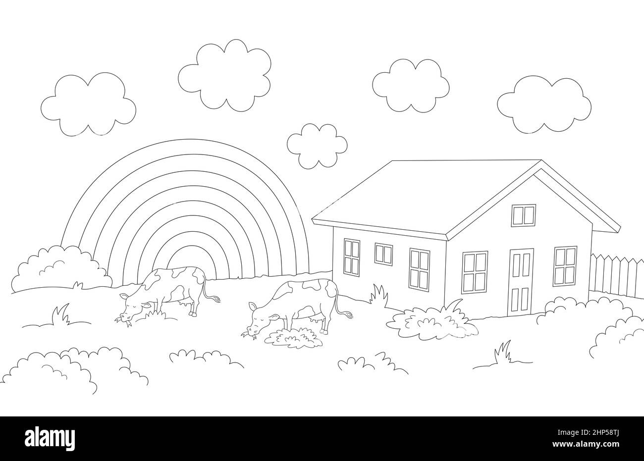 paysage rural avec des vaches mangeant de l'herbe et une maison, des nuages et un arc-en-ciel en arrière-plan, dessin 3d vue perspective Banque D'Images