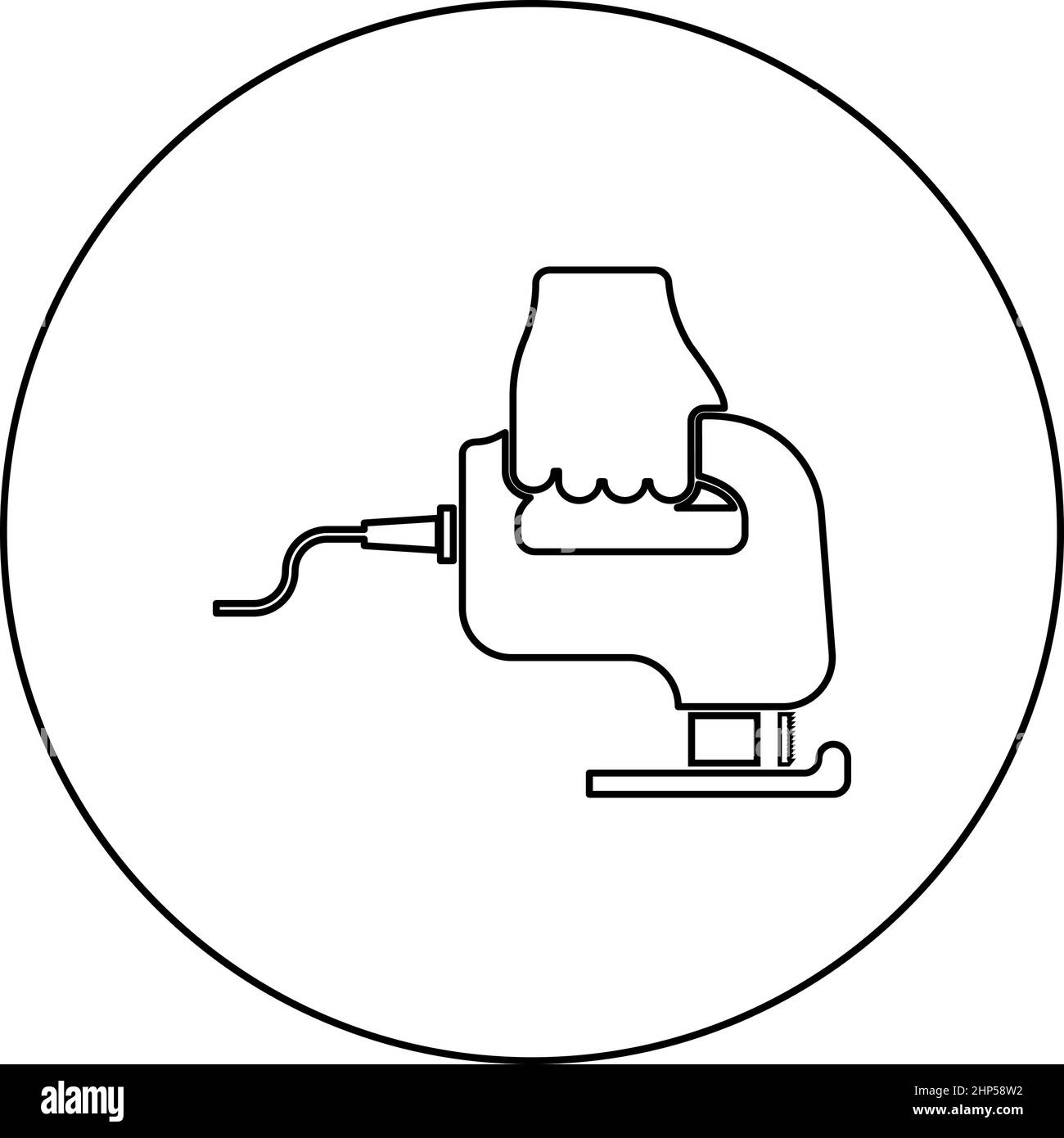 Scie à main électrique scie à main d'outil en cours d'utilisation icône de bras en cercle rond noir couleur vecteur illustration image de style de contour solide Illustration de Vecteur