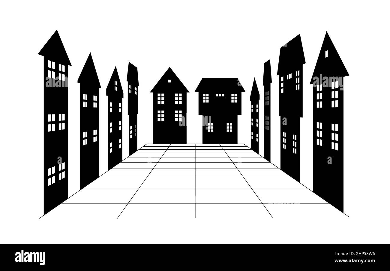 silhouette noire et blanche d'un groupe d'immeubles d'appartements, illustration de la vue en perspective Banque D'Images