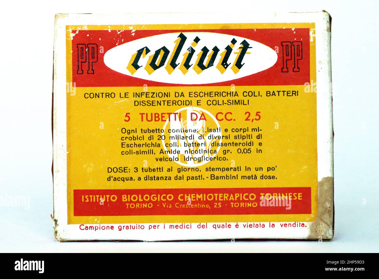 Vintage 1940s COLIVIT avec Escherichia coli lysats pour le traitement de la dysenterie. ABC Farmaceutici, Institut de chimiothérapie biologique - Turin Italie Banque D'Images