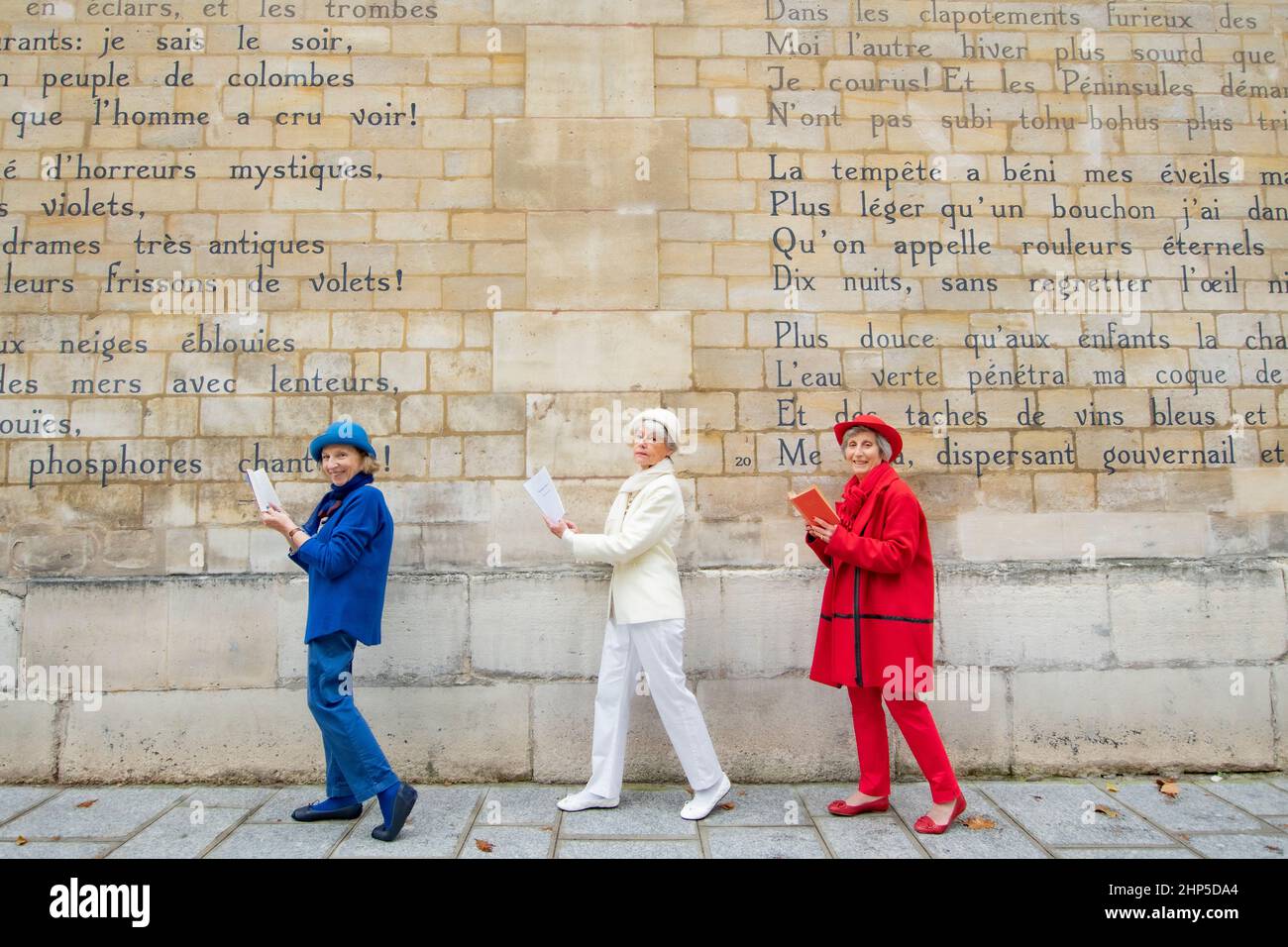 Femmes en tricolore avec des livres devant le mur des textes français Banque D'Images