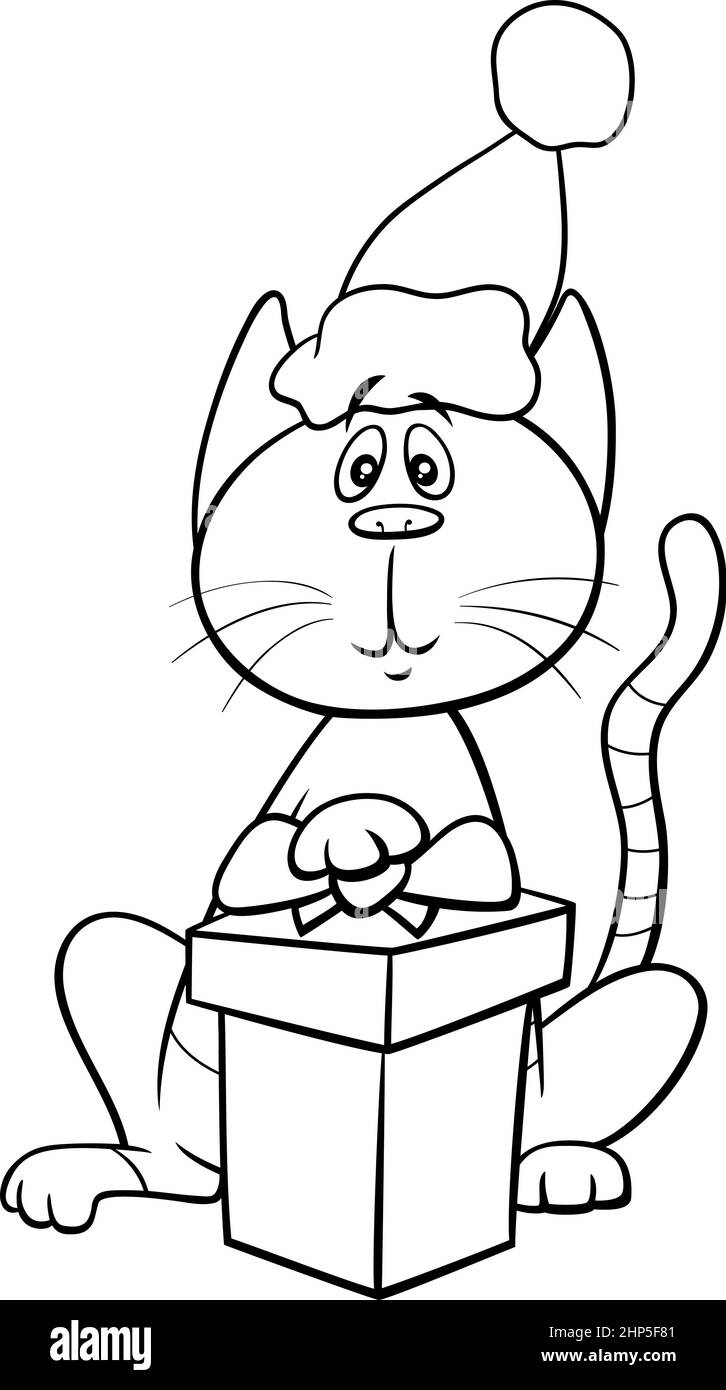 Dessin animé chat avec cadeau sur Noël page de livre de coloriage Illustration de Vecteur