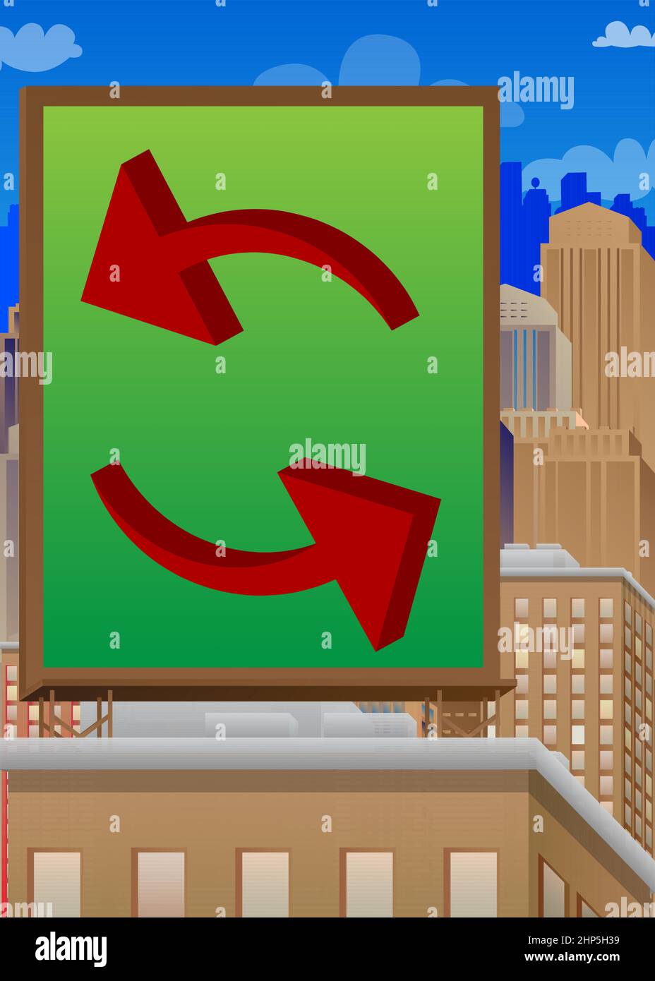 Mettre à jour l'icône sur un panneau d'affichage au sommet d'un bâtiment en brique. Illustration de Vecteur