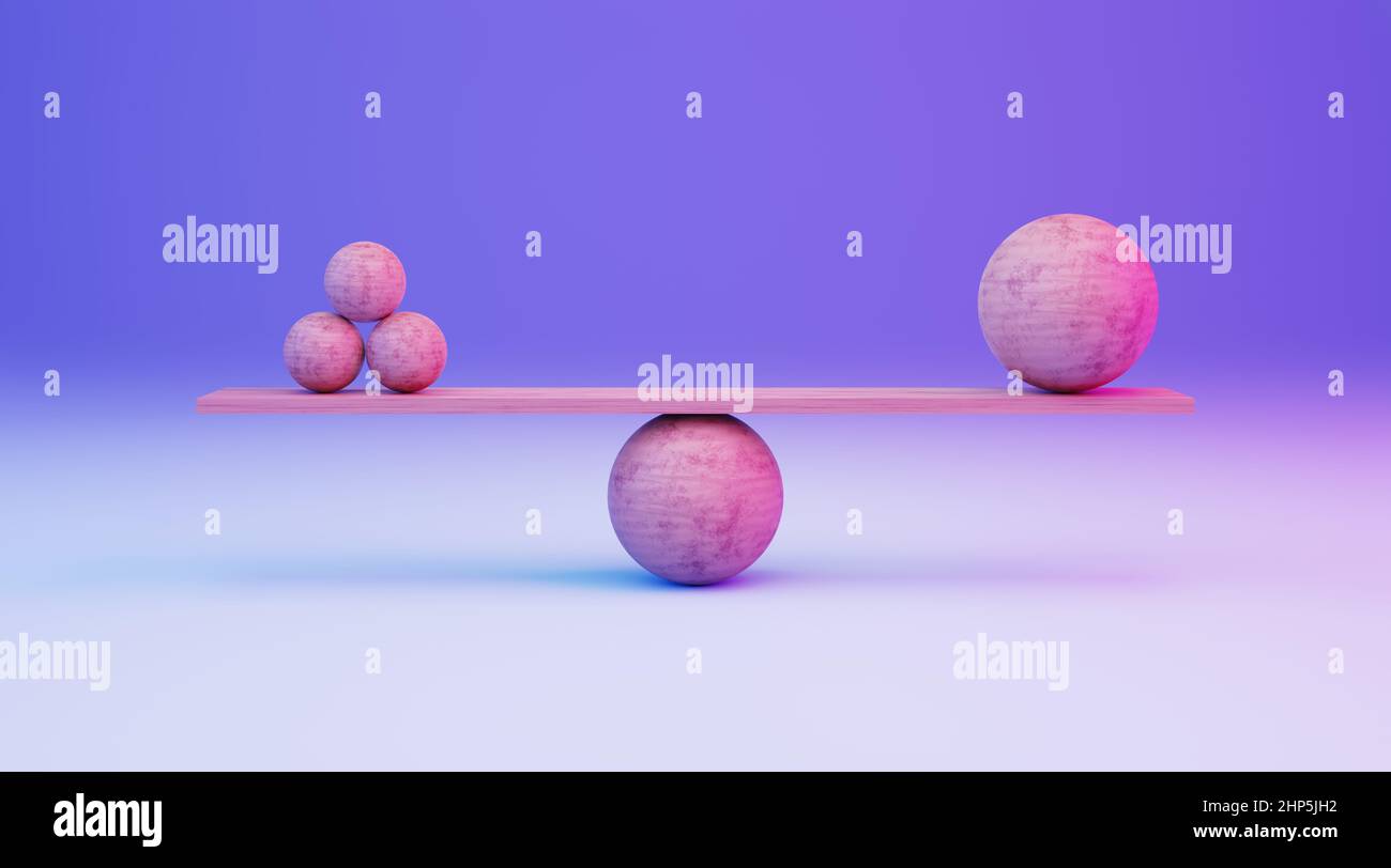 Harmonie et équilibre. Equilibrage de plusieurs petites billes de bois contre une grande bille. 3D rendu. Banque D'Images
