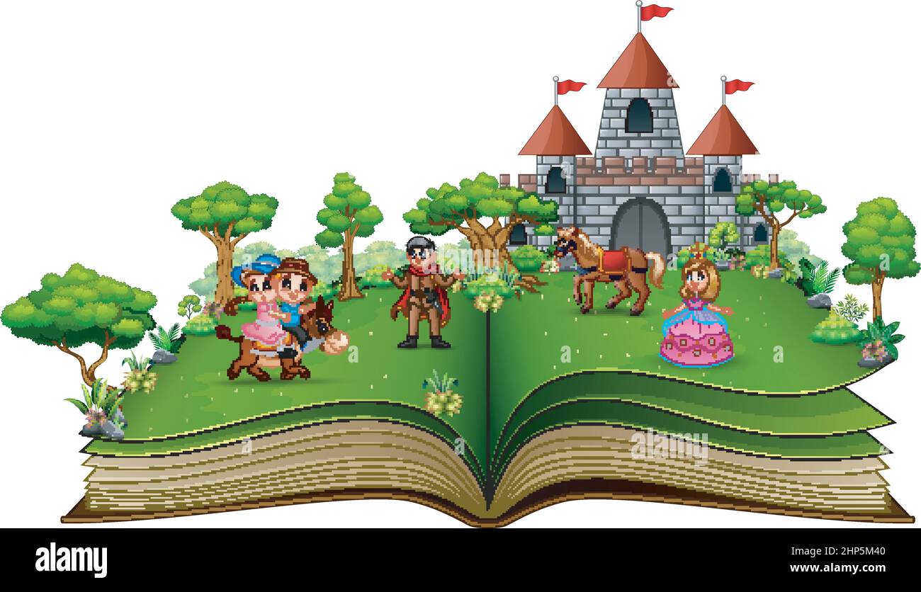 Livre d'histoire avec princesses et princes de dessins animés devant un château Illustration de Vecteur