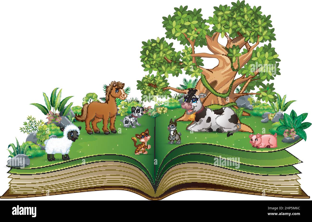 Livre ouvert avec dessin animé d'animaux de ferme jouant dans le parc sous un grand arbre Illustration de Vecteur