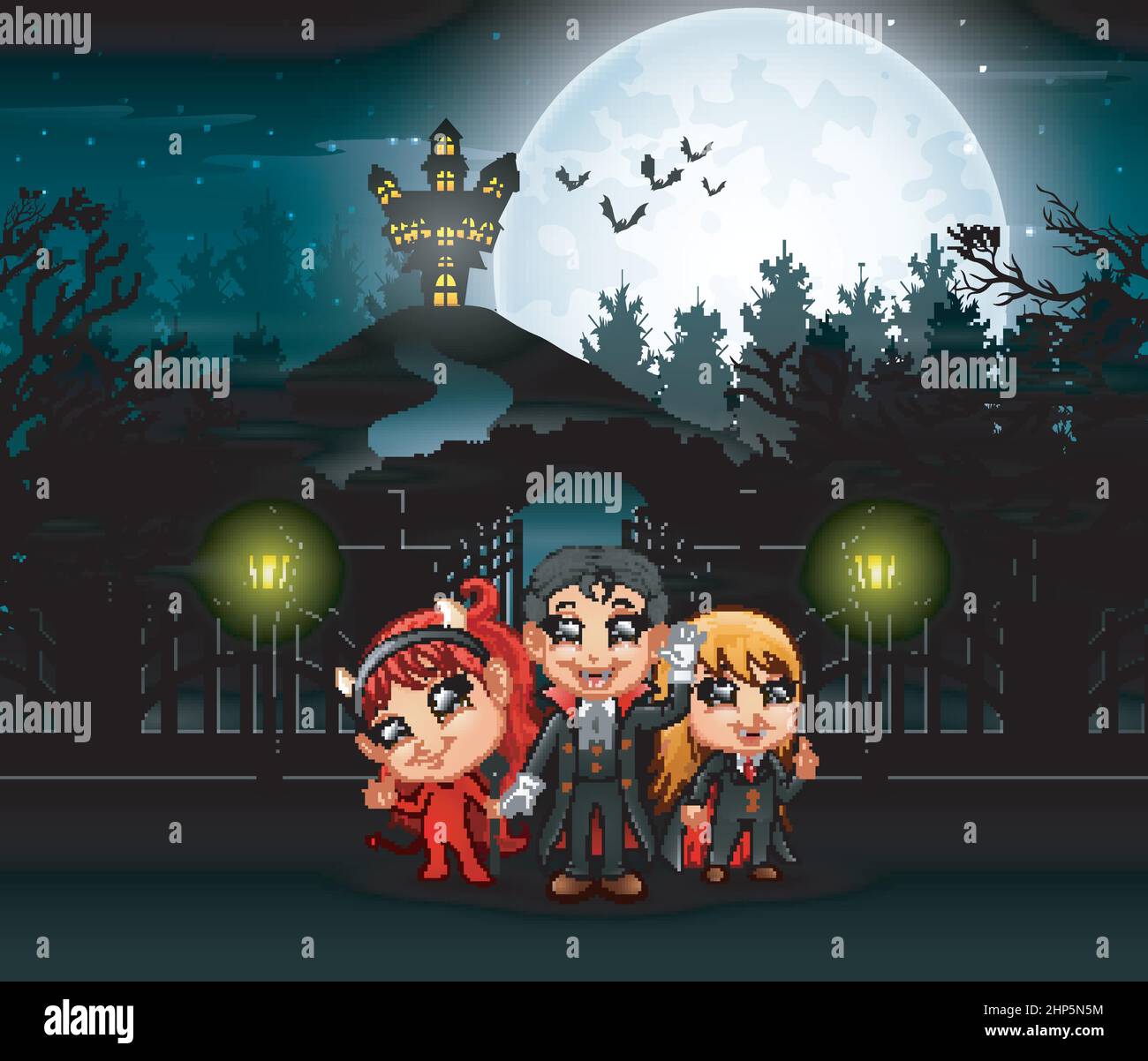 Dessin animé des enfants portant le costume d'halloween avec un fond de pleine lune Illustration de Vecteur