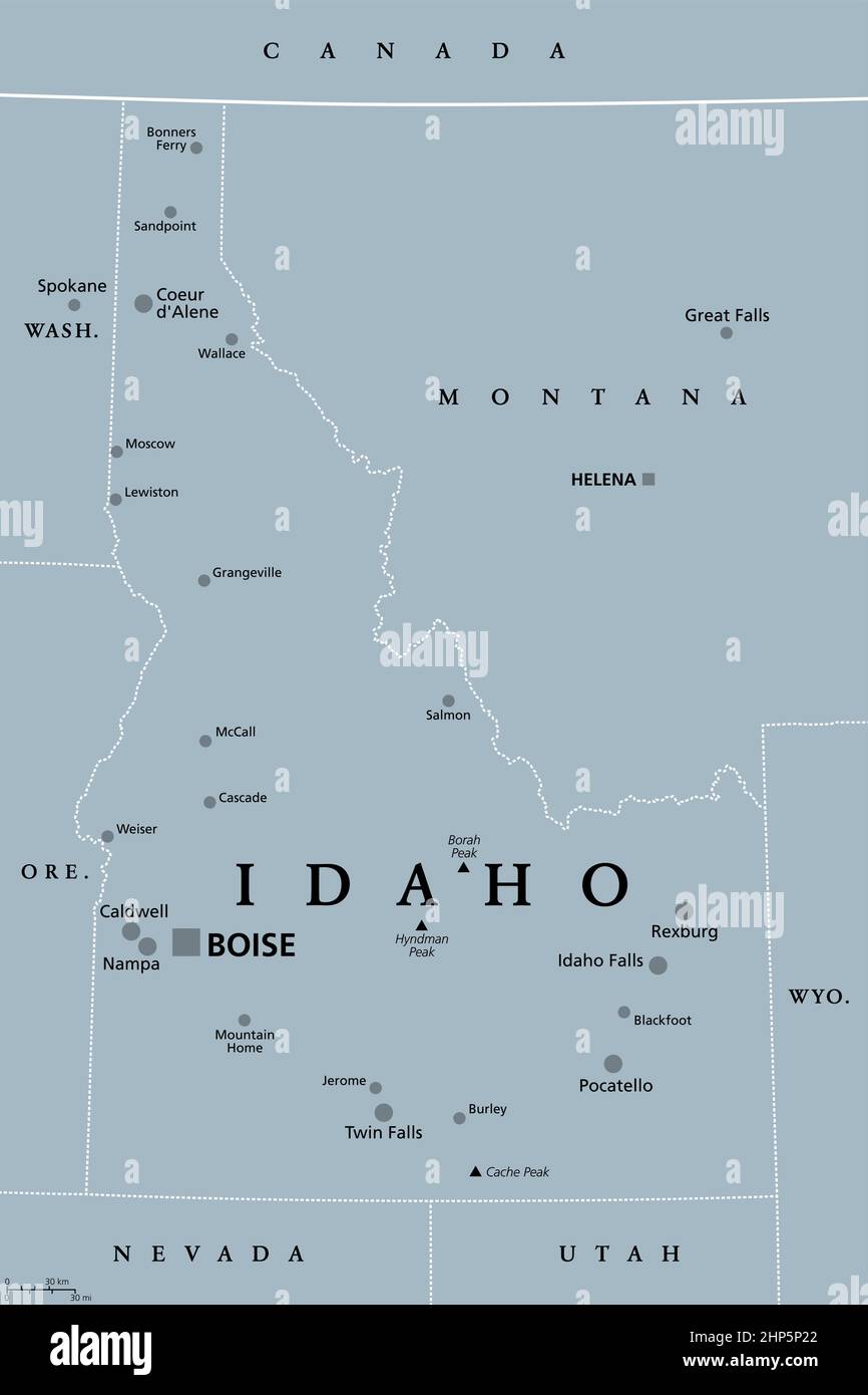 Idaho, ID, carte politique grise, état des États-Unis, État de Gem Illustration de Vecteur