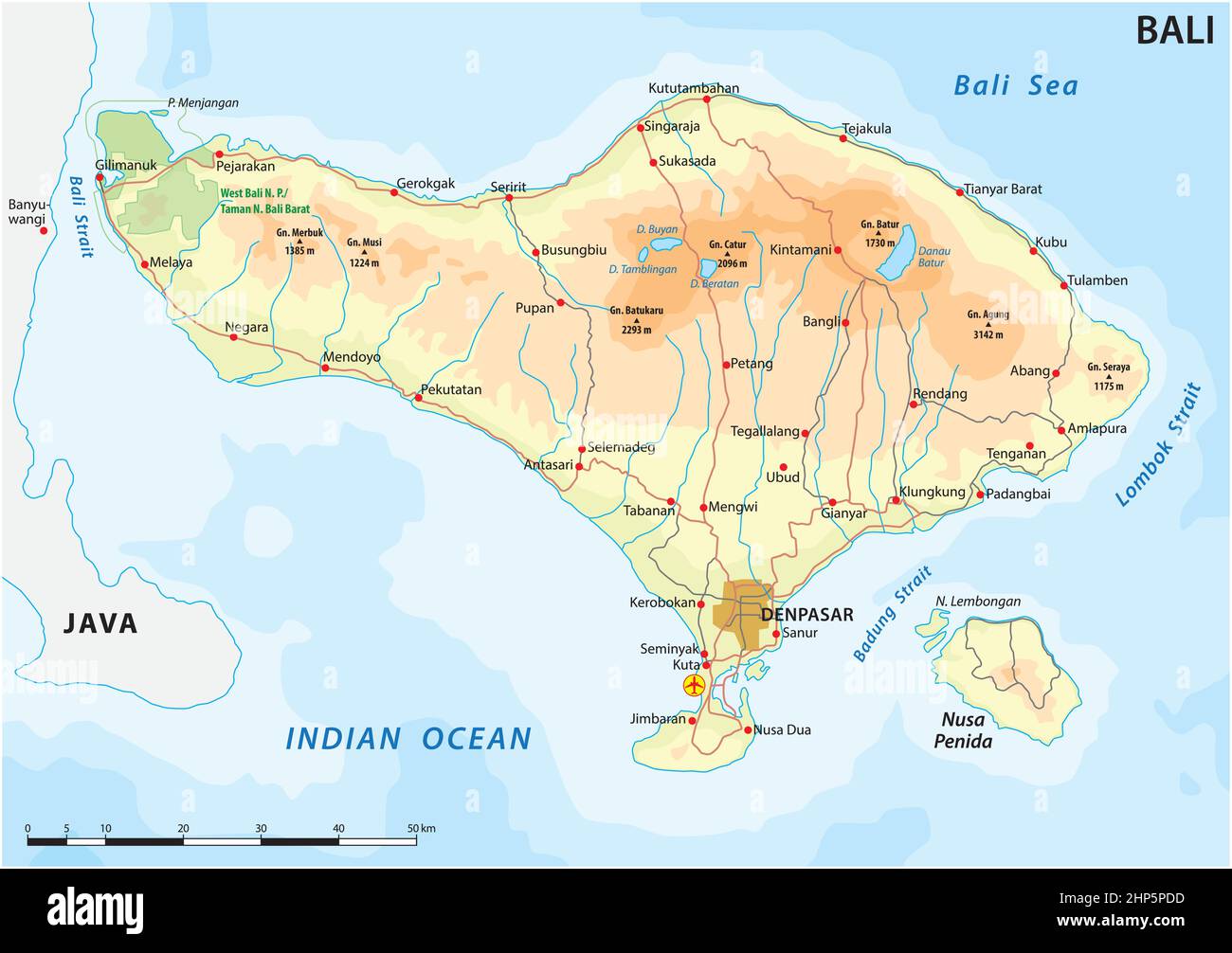Carte routière de l'île indonésienne de bali Illustration de Vecteur