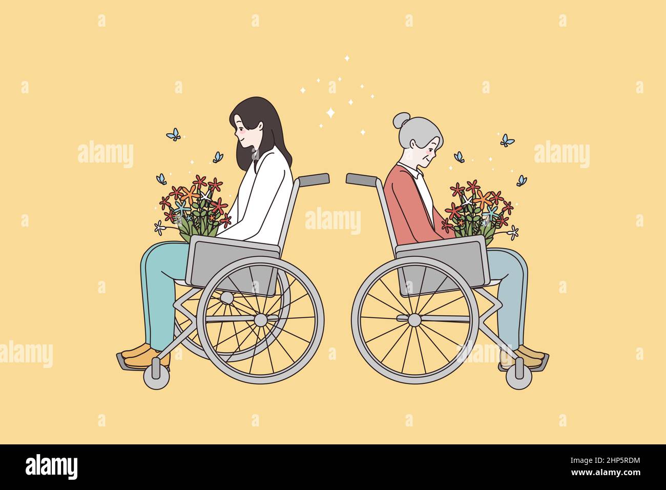 Des femmes handicapées heureuses et enthousiastes avec des bouquets de fleurs Illustration de Vecteur