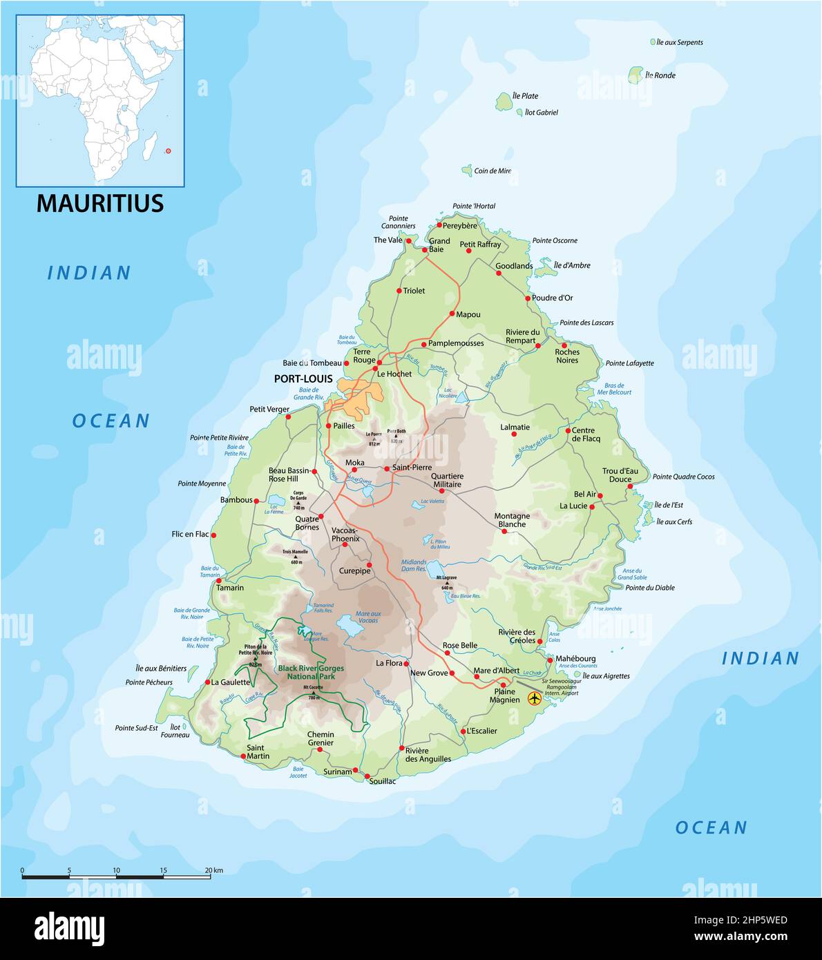 carte routière de vektor de l'état de l'île Maurice dans l'océan Indien Illustration de Vecteur