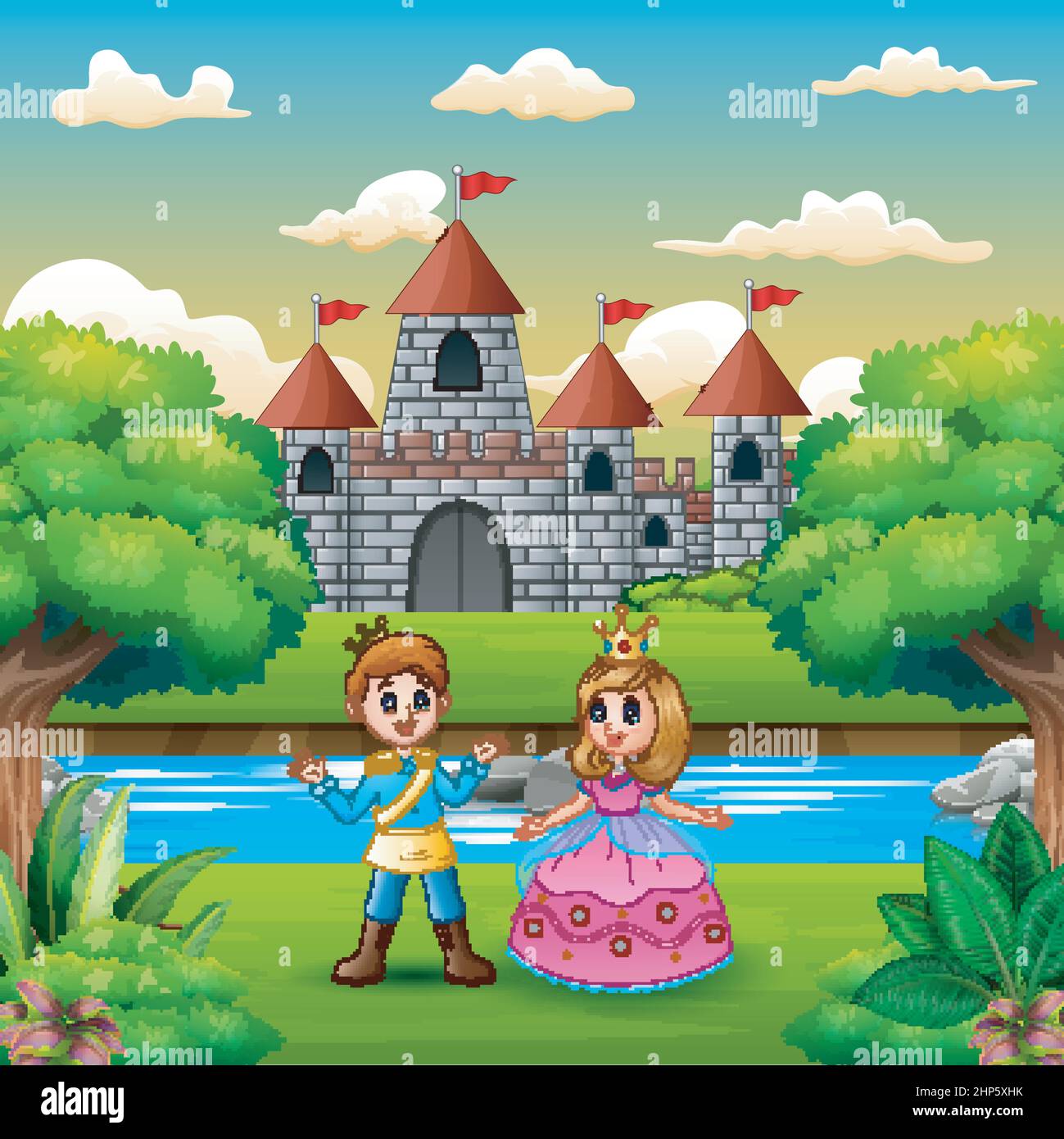 Scène avec prince et princesse sur le bord de la rivière Illustration de Vecteur