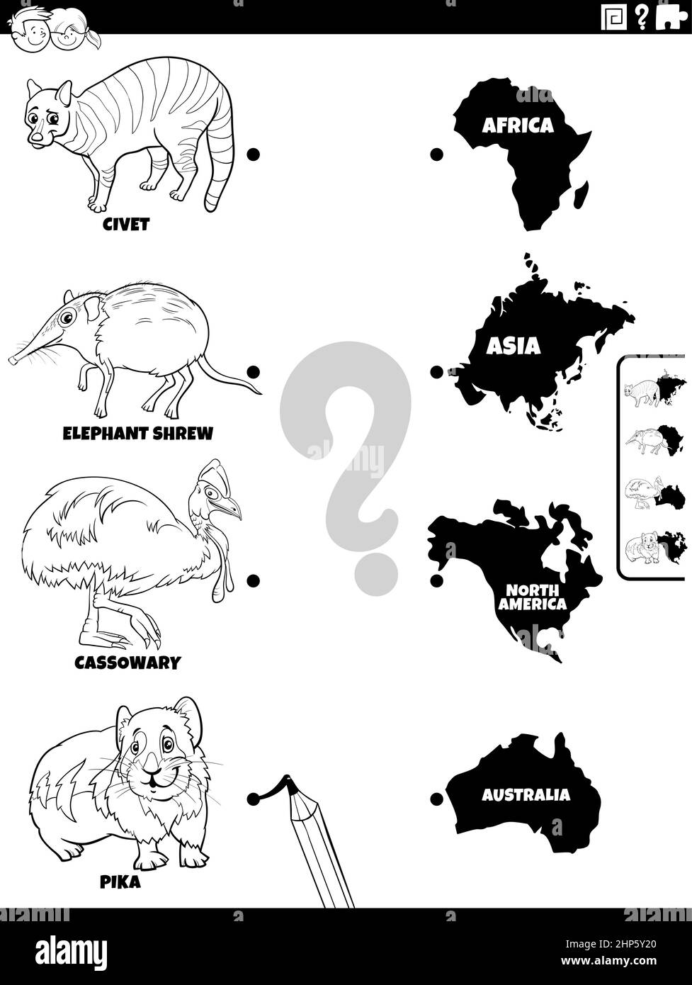 faites correspondre les animaux et les continents tâche coloriage page livre Illustration de Vecteur