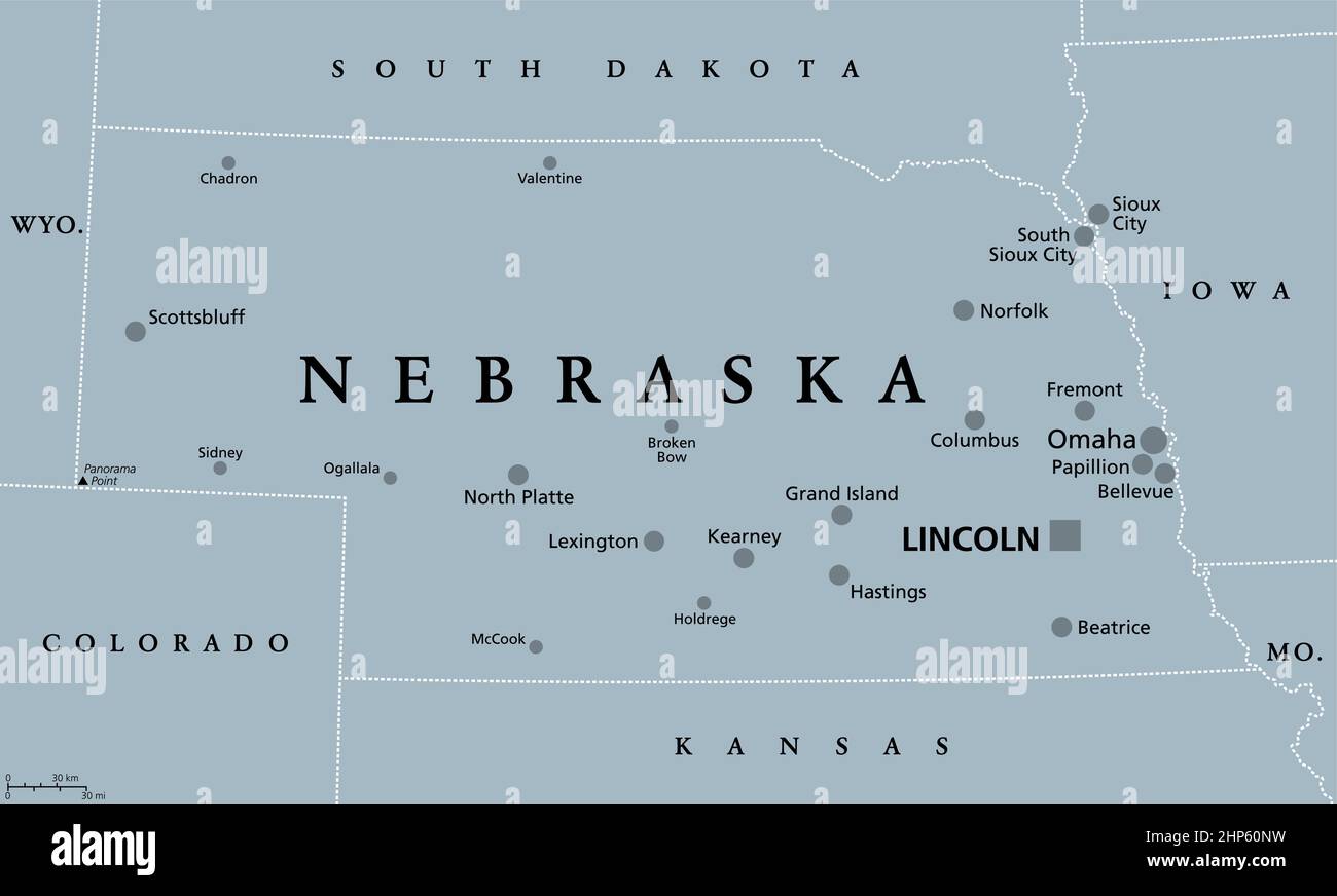 Nebraska, ne, carte politique grise, état des États-Unis, État de Cornhusker Illustration de Vecteur