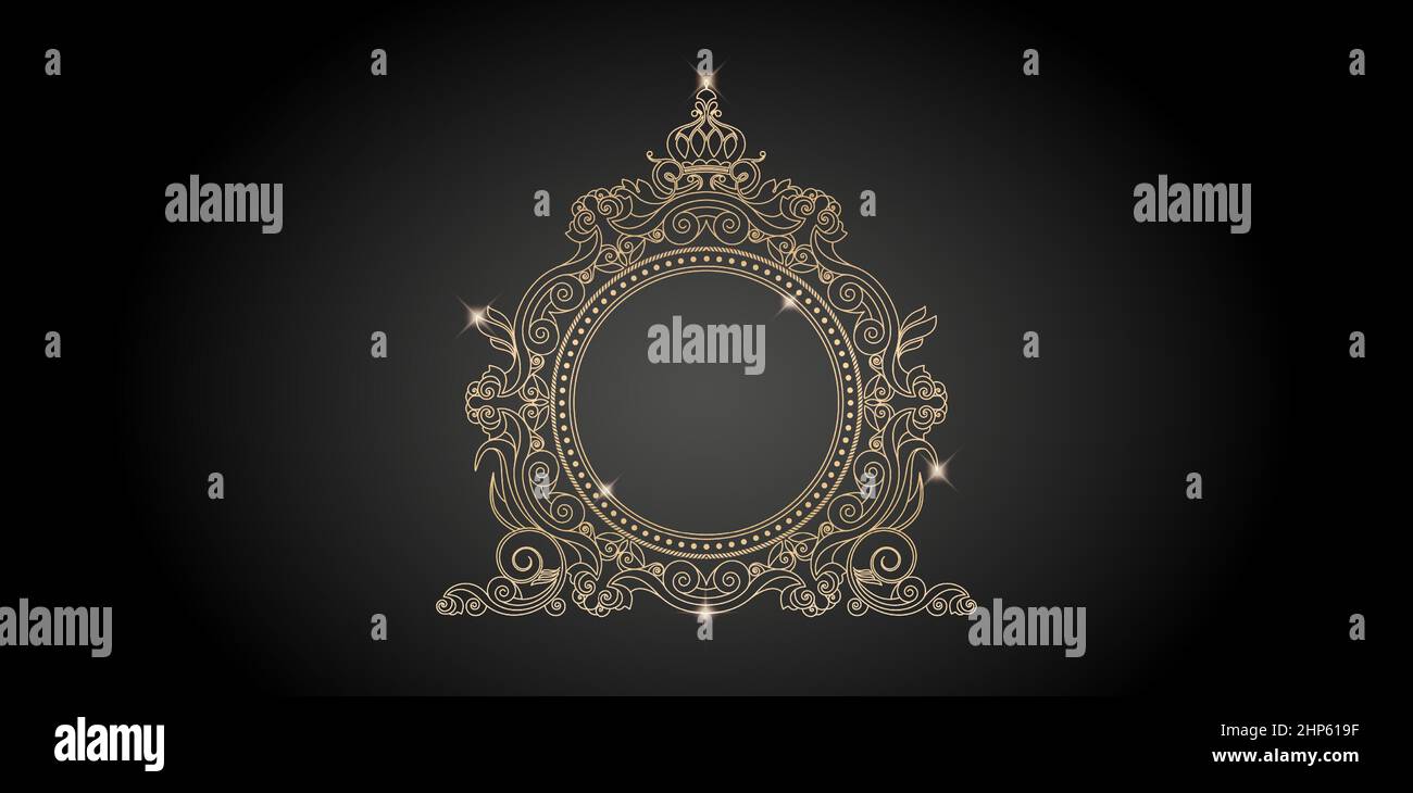 cadre or antique avec lignes de couronne. Elément de cadre à ellipse avec arrière-plan couleur or isolé, pour typographie, broderie, invitation anniversaire de mariage et signe. Illustration de Vecteur