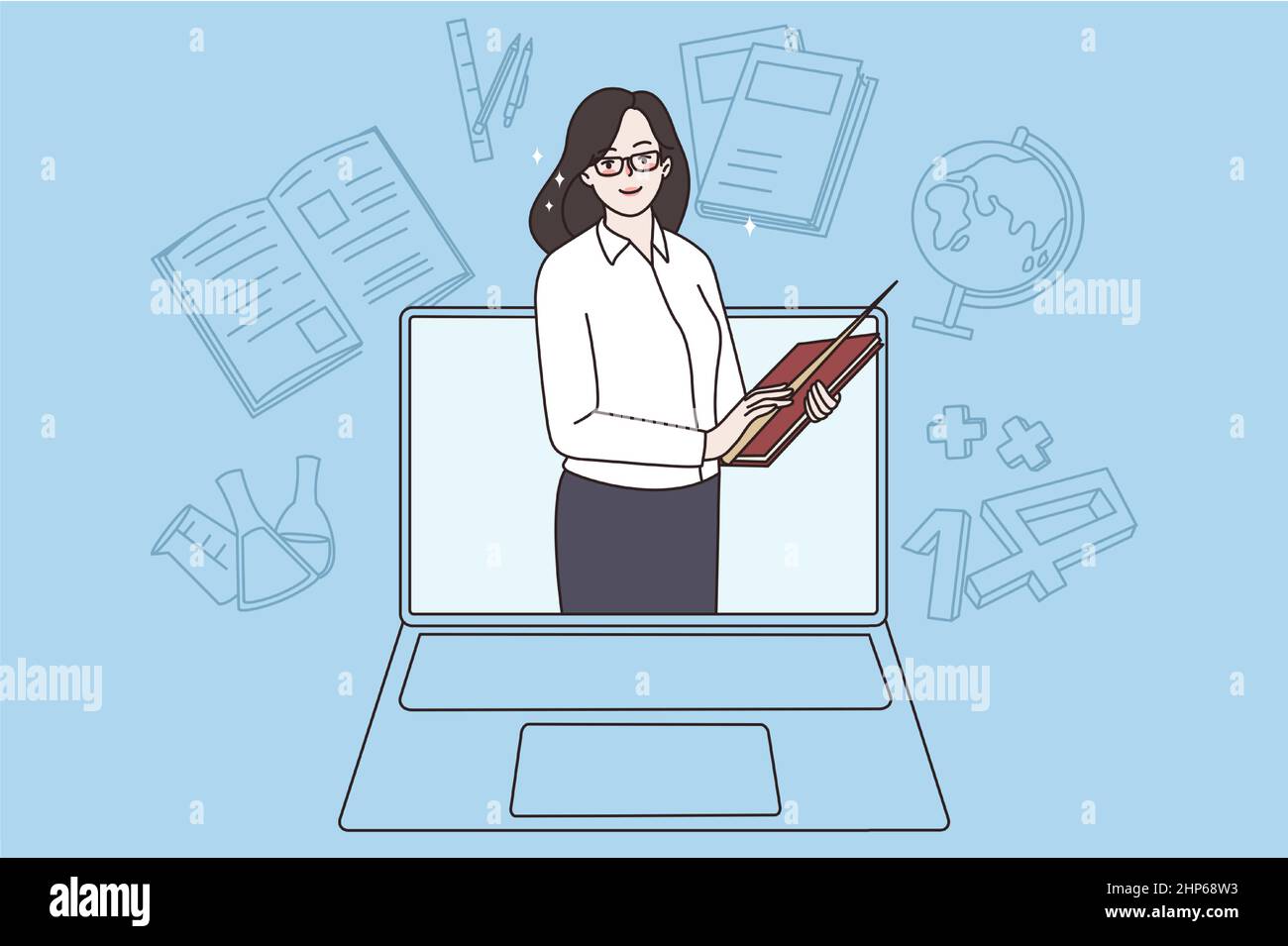 Professeur souriant ont des cours en ligne avec des élèves sur ordinateur Illustration de Vecteur