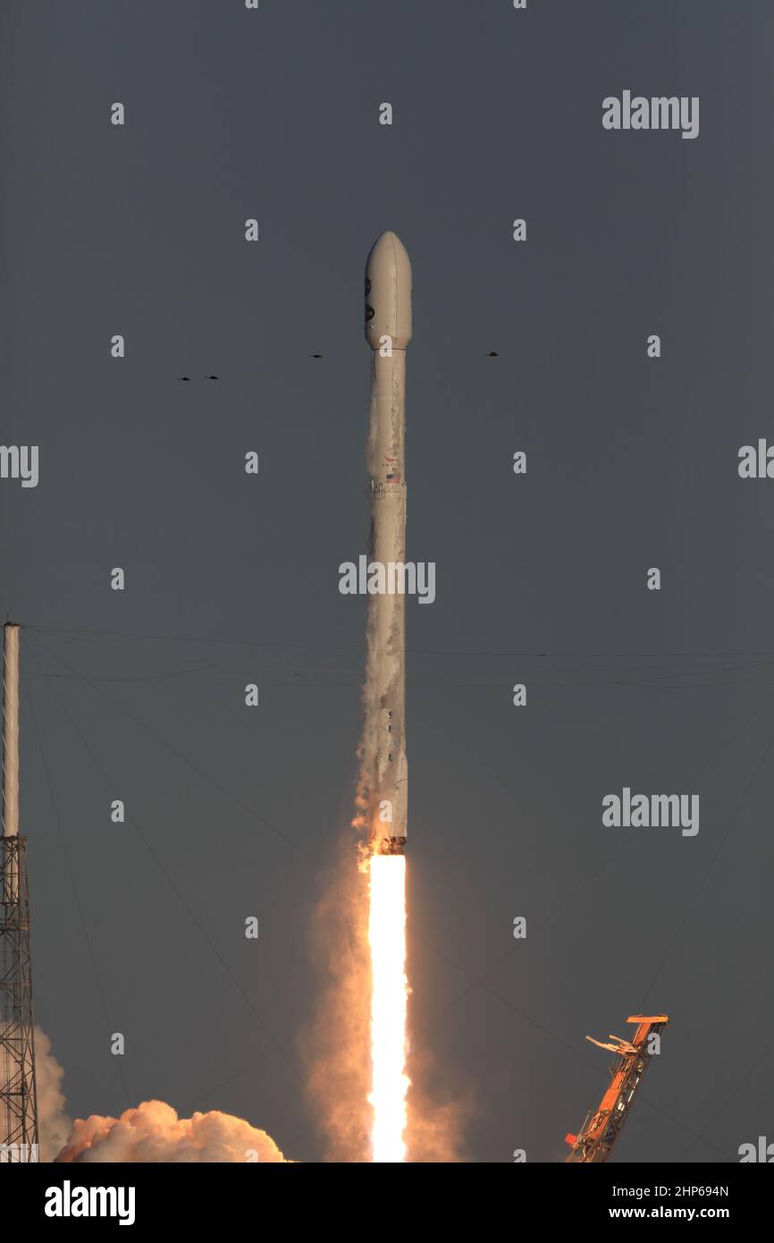 Une fusée SpaceX Falcon 9 s'élève du complexe Space Launch Complex 40 à la station aérienne de Cape Canaveral en Floride, transportant le satellite d'étude de la planète en transit (TESS) de la NASA. Liftoff était à 6:51 HAE. TESS recherchera des planètes en dehors de notre système solaire. La mission trouvera des exoplanètes qui bloquent périodiquement une partie de la lumière de leurs étoiles hôtes, des événements appelés transits Banque D'Images