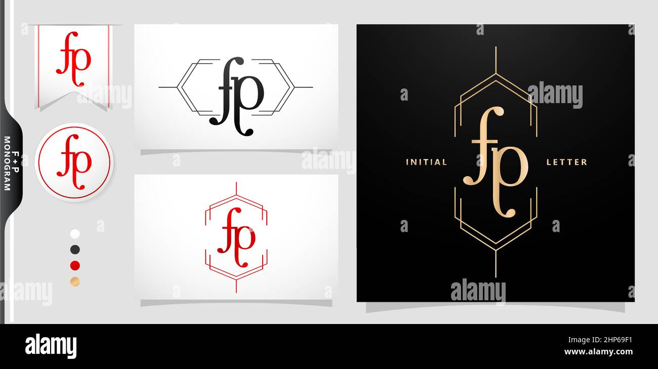 FP ou PF lettre initiale et nom graphique, FP ou PF Monogram, pour mariage couple monogramme, logo et entreprise d'icônes, avec noir blanc couleur, or couleur et dégradé rouge couleur d'arrière-plan isolé Illustration de Vecteur