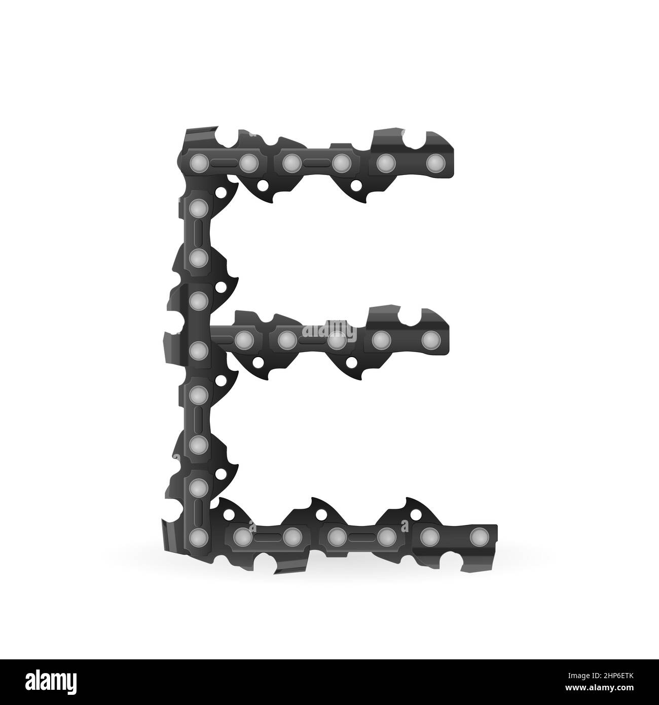 Chaîne de tronçonneuse lettre E sur fond blanc. Illustration vectorielle. Banque D'Images