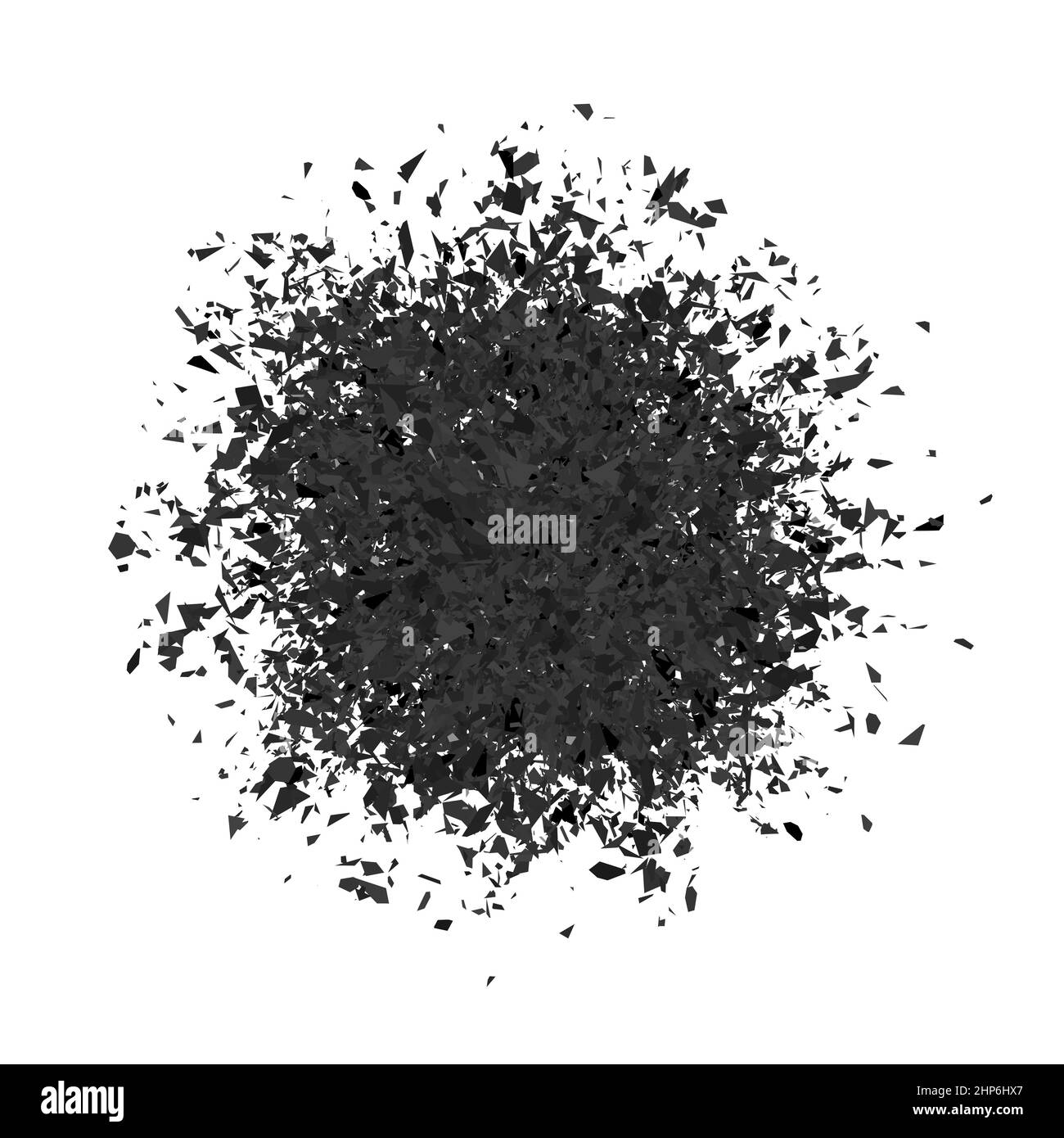 Nuage d'explosion de pièces noires sur fond blanc. Des particules acérées vole dans l'air de façon aléatoire. Grande explosion. Illustration de Vecteur Nuage d'explosion de pièces noires sur fond blanc. Des particules acérées vole dans l'air de façon aléatoire. Grande explosion. Illustration de Vecteur