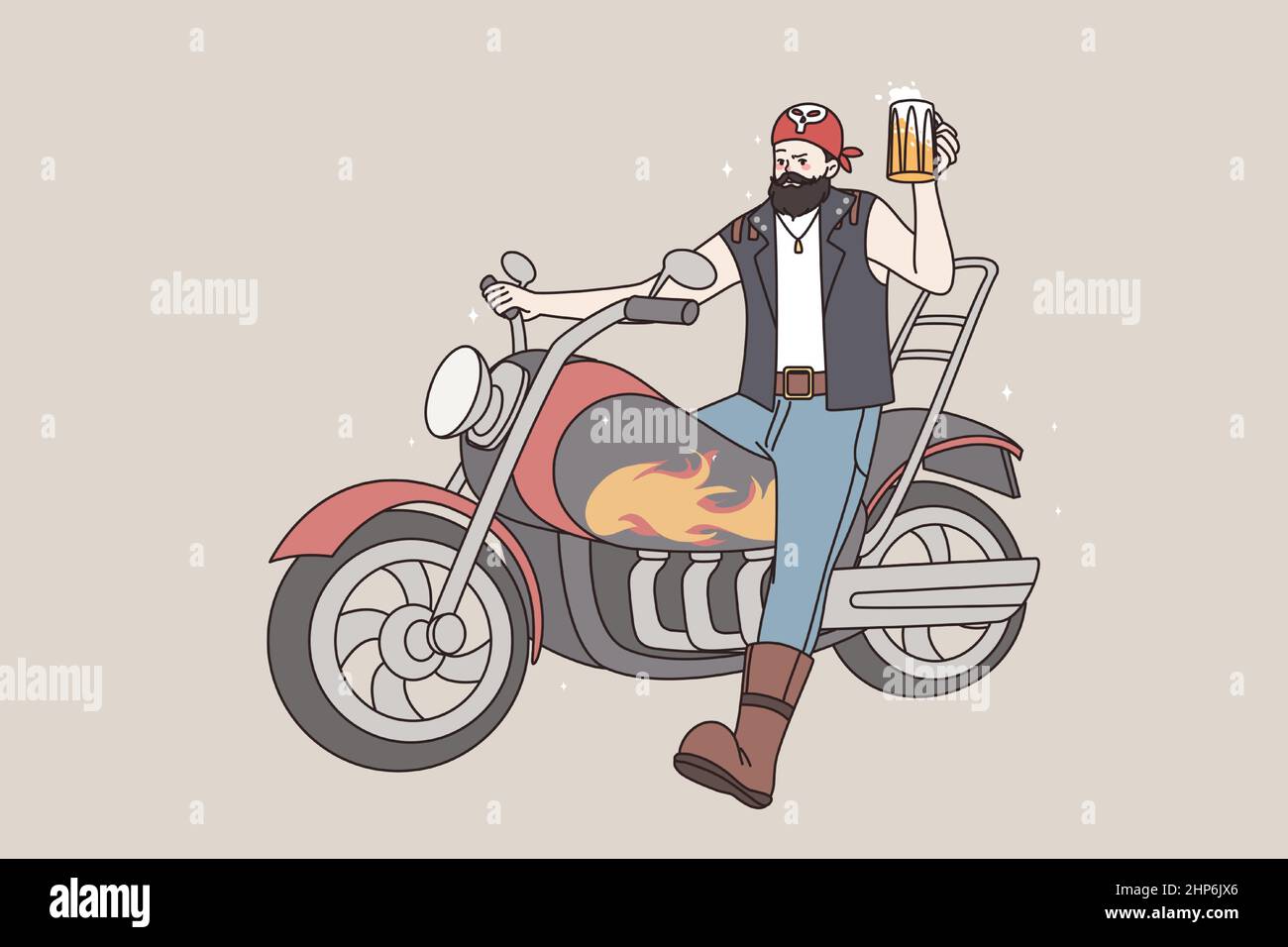 Homme brutal bascule sur la moto avec de la bière Illustration de Vecteur