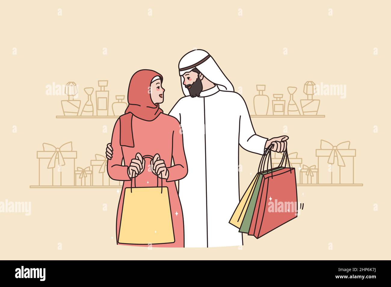 Riche couple arabe avec sacs shopping dans le centre commercial Illustration de Vecteur