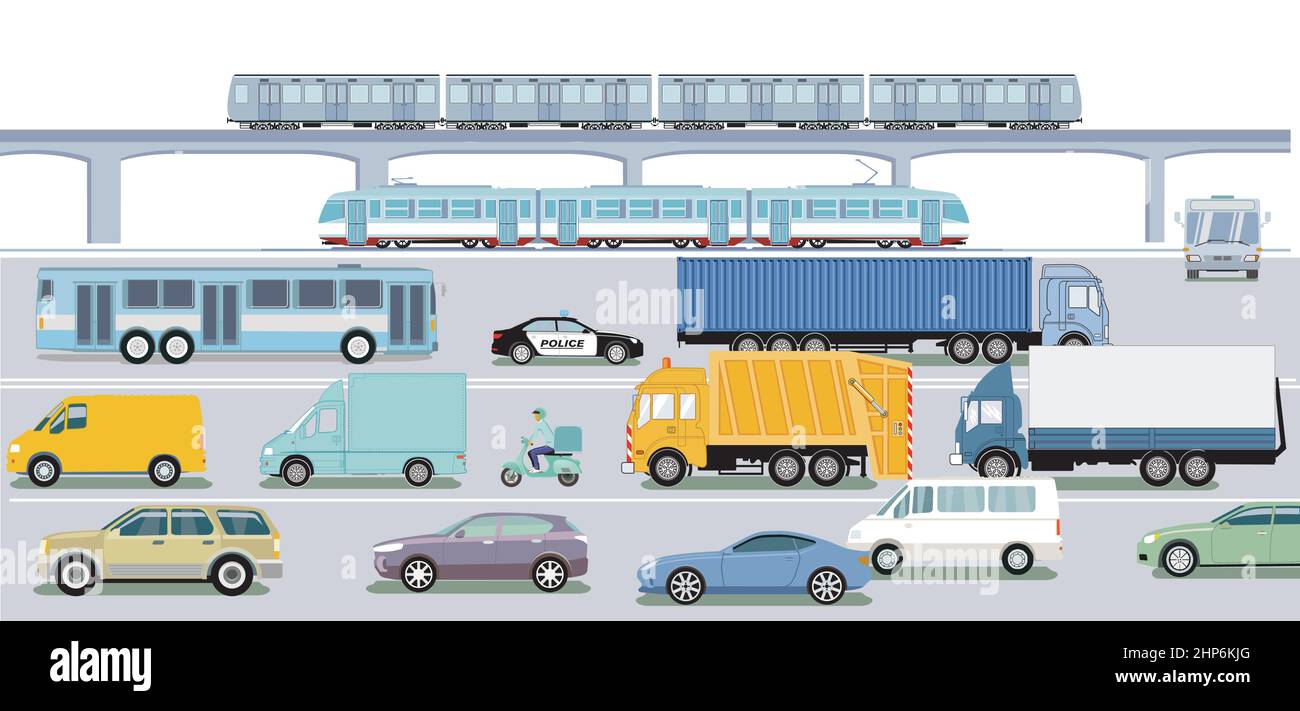 Autoroute avec train express, camion et voiture de tourisme Illustration de Vecteur