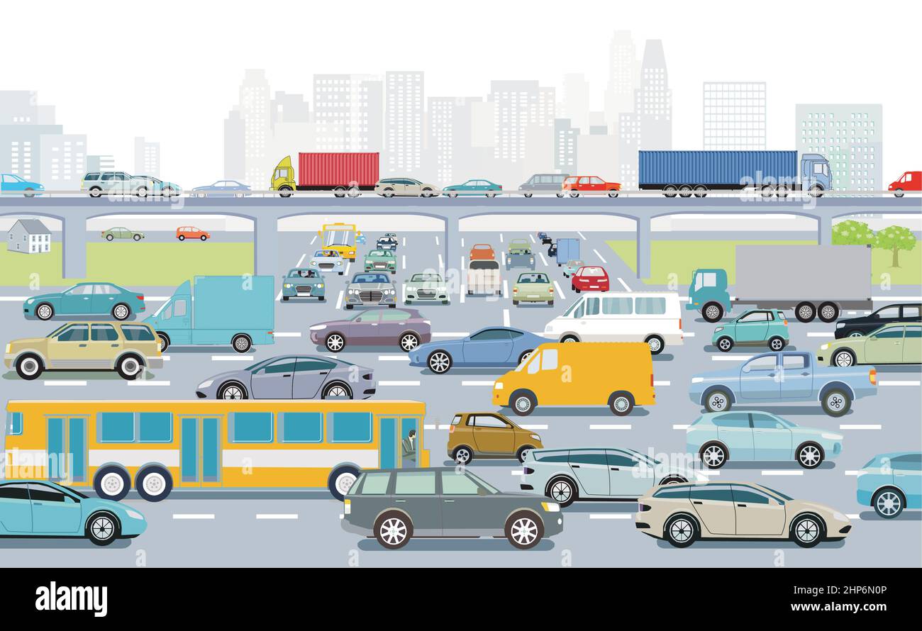 Grande ville en heure de pointe avec une intersection dans l'embouteillage et illustration des transports en commun Illustration de Vecteur