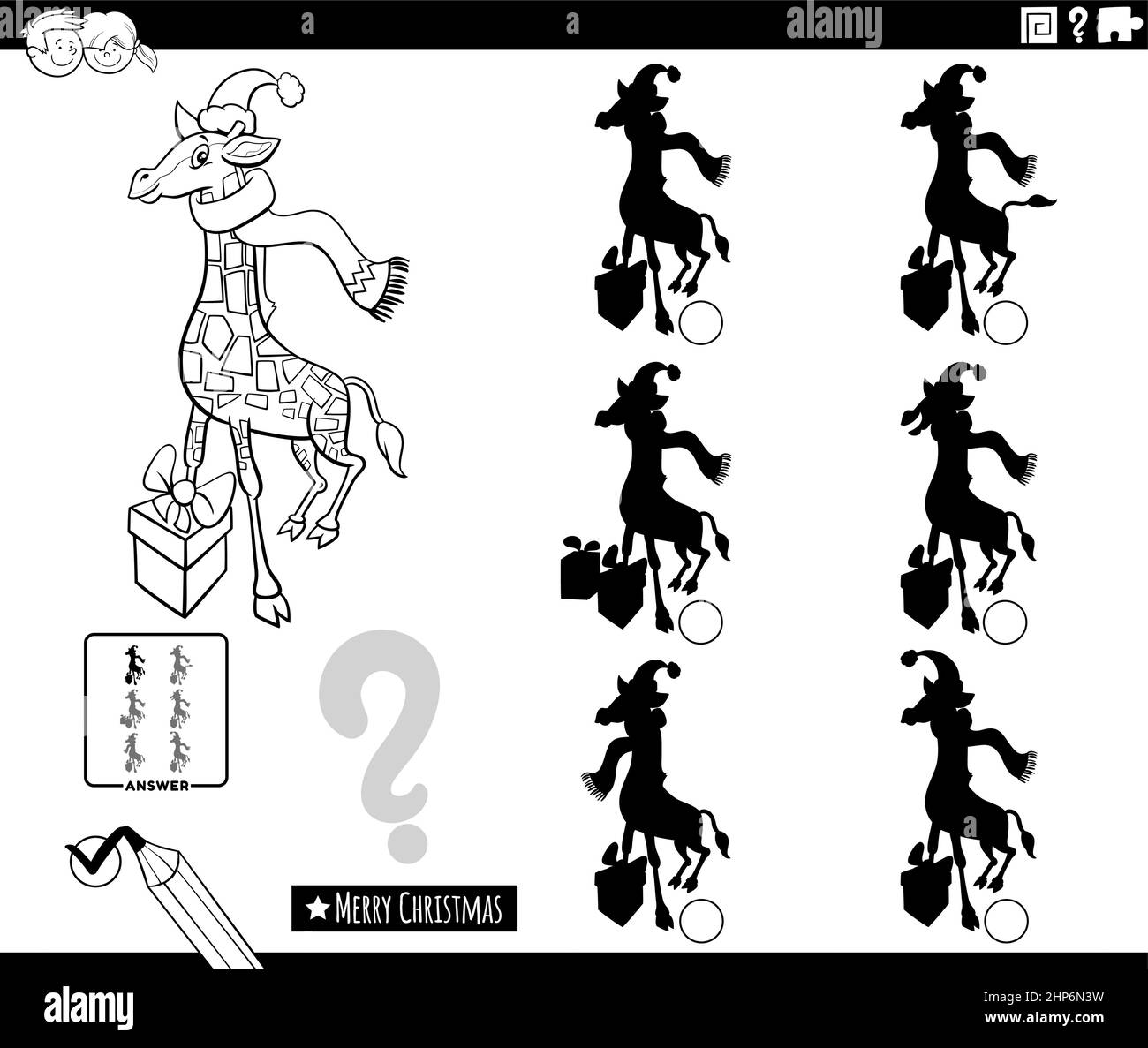 Jeu d'ombres avec girafe de dessin animé sur la page de livre de coloriage de Noël Illustration de Vecteur