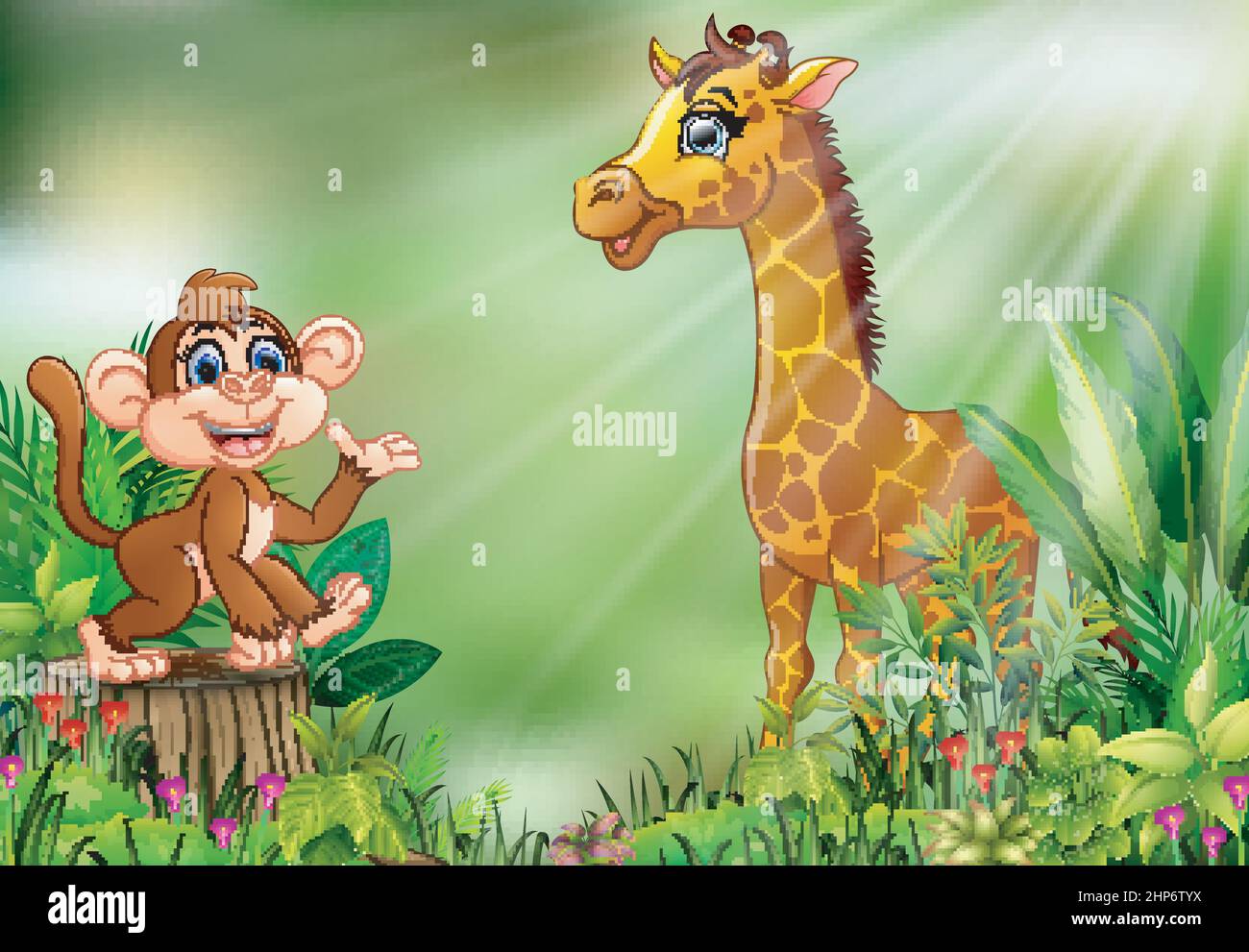 Dessin animé de la scène de la nature avec un singe assis sur une souche d'arbre et une girafe Illustration de Vecteur