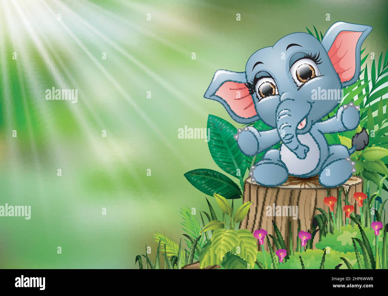 Dessin animé un bébé éléphant assis sur une souche d'arbre avec des plantes vertes Illustration de Vecteur