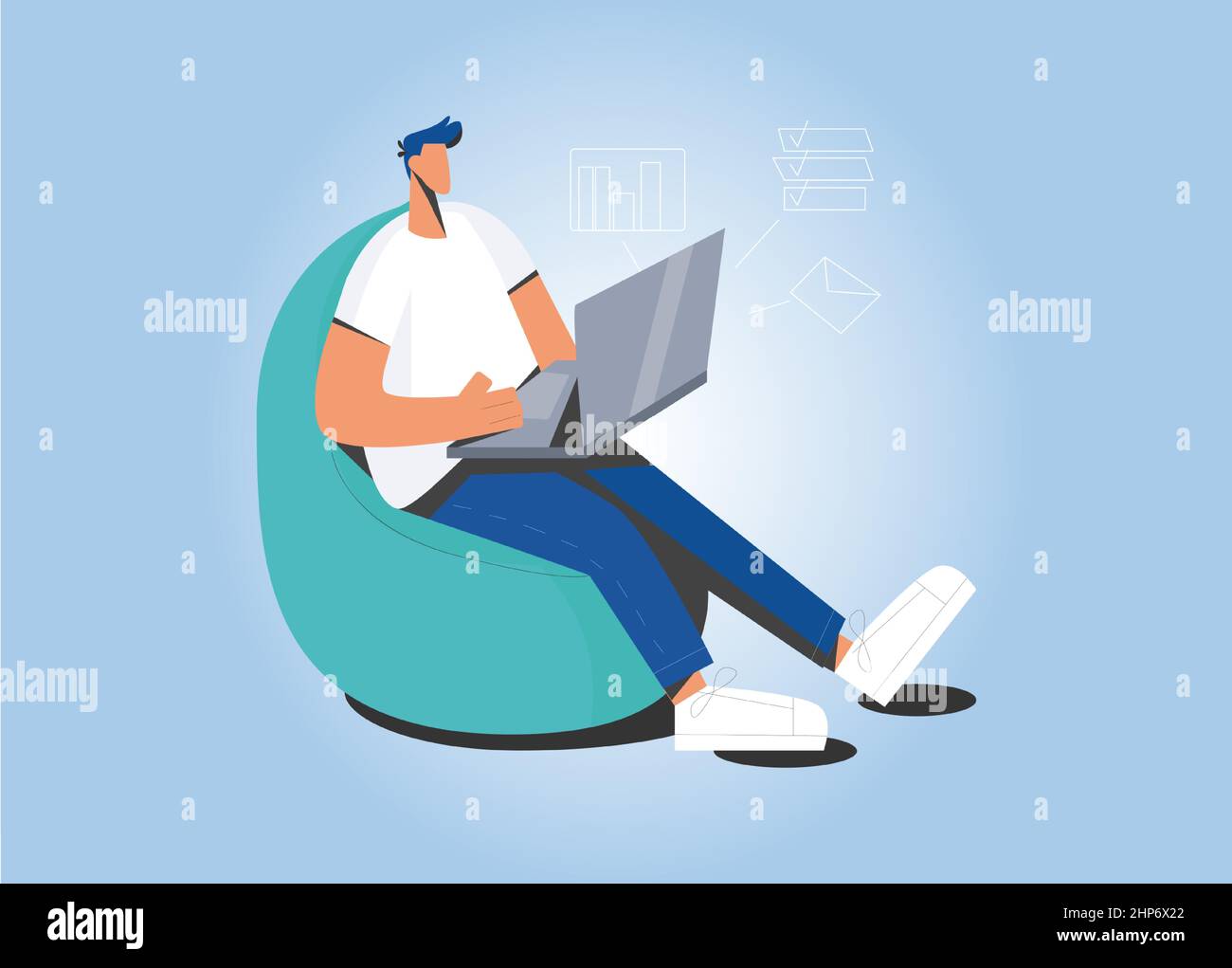 Un homme travaille en ligne sur un ordinateur au bureau à domicile Illustration de Vecteur