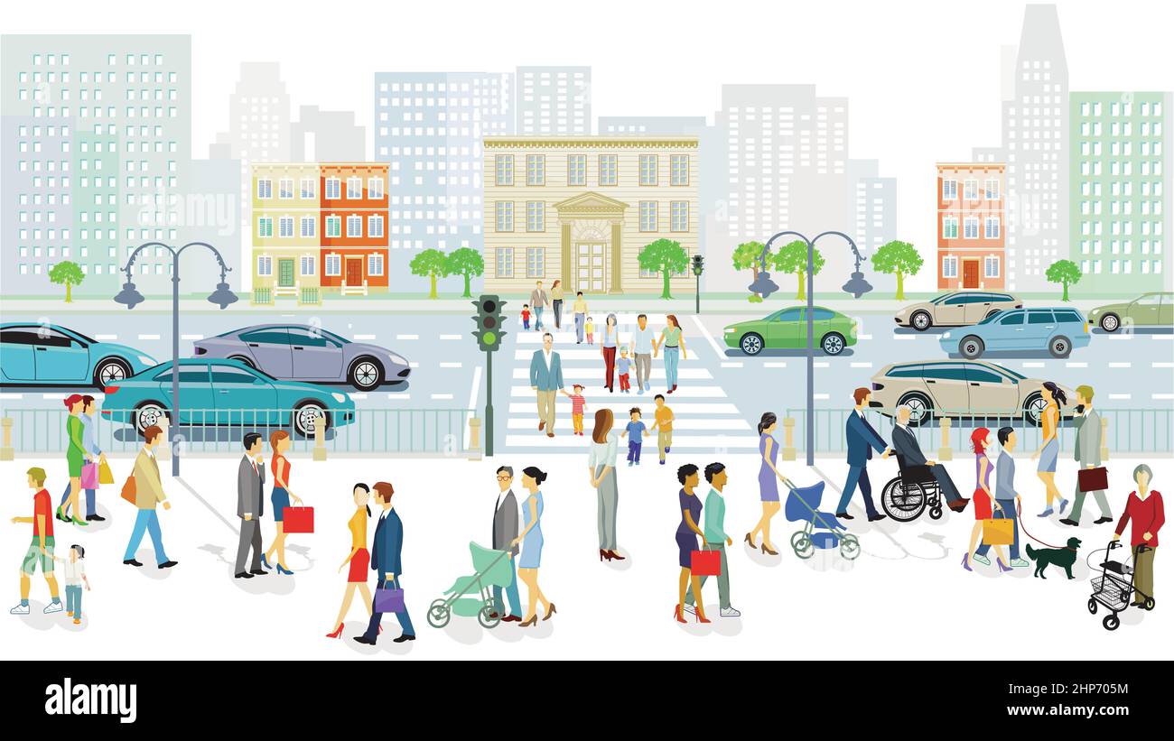 Grande ville avec piétons et circulation routière, illustration Illustration de Vecteur