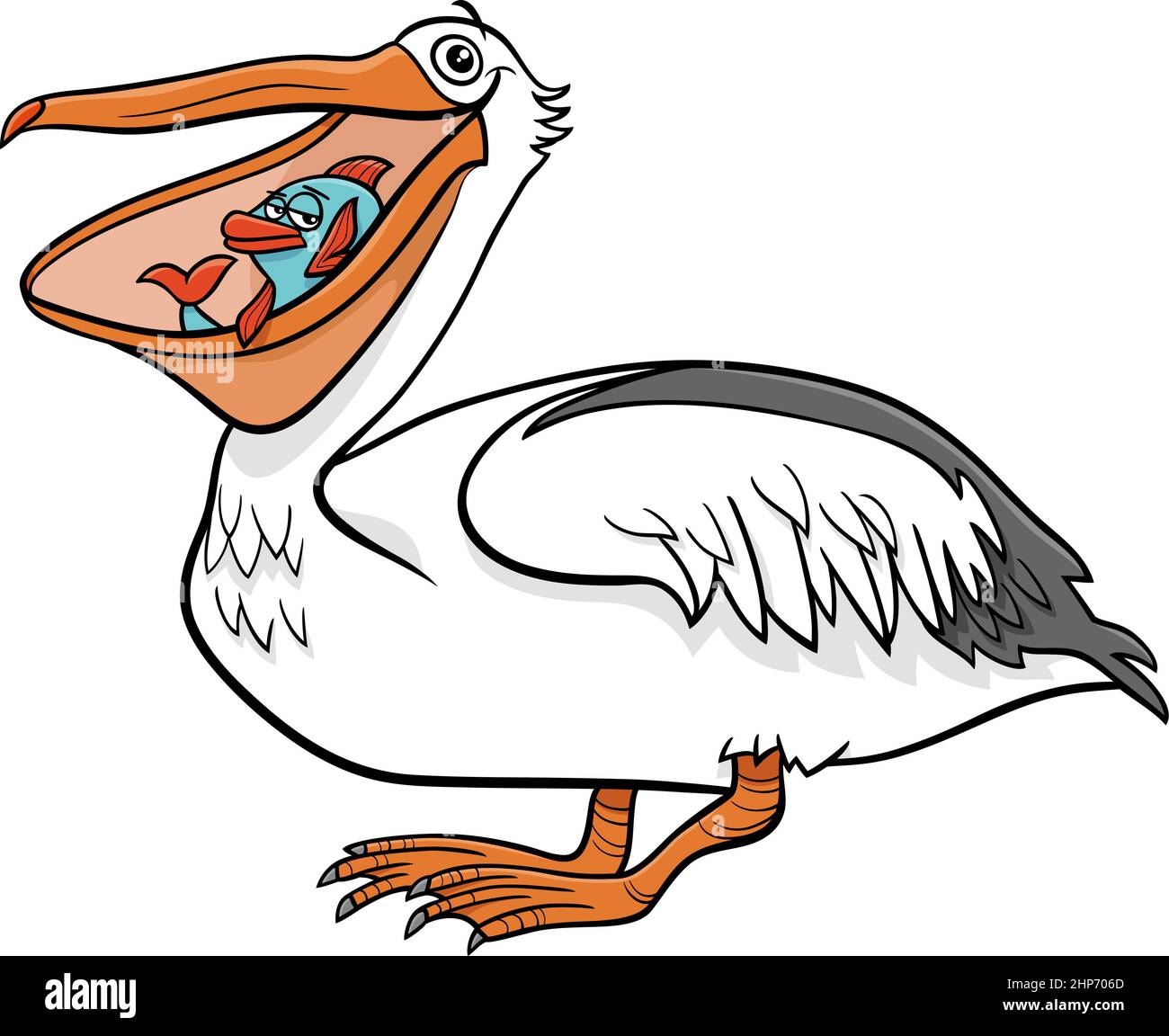 personnage animal d'oiseau pelican avec dessin animé de poisson Illustration de Vecteur