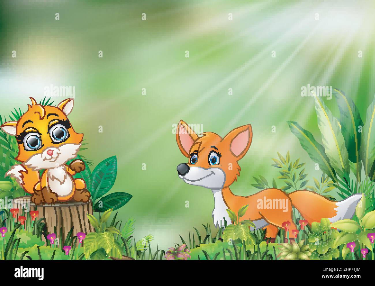 Dessin animé de la scène de la nature avec deux renards Illustration de Vecteur