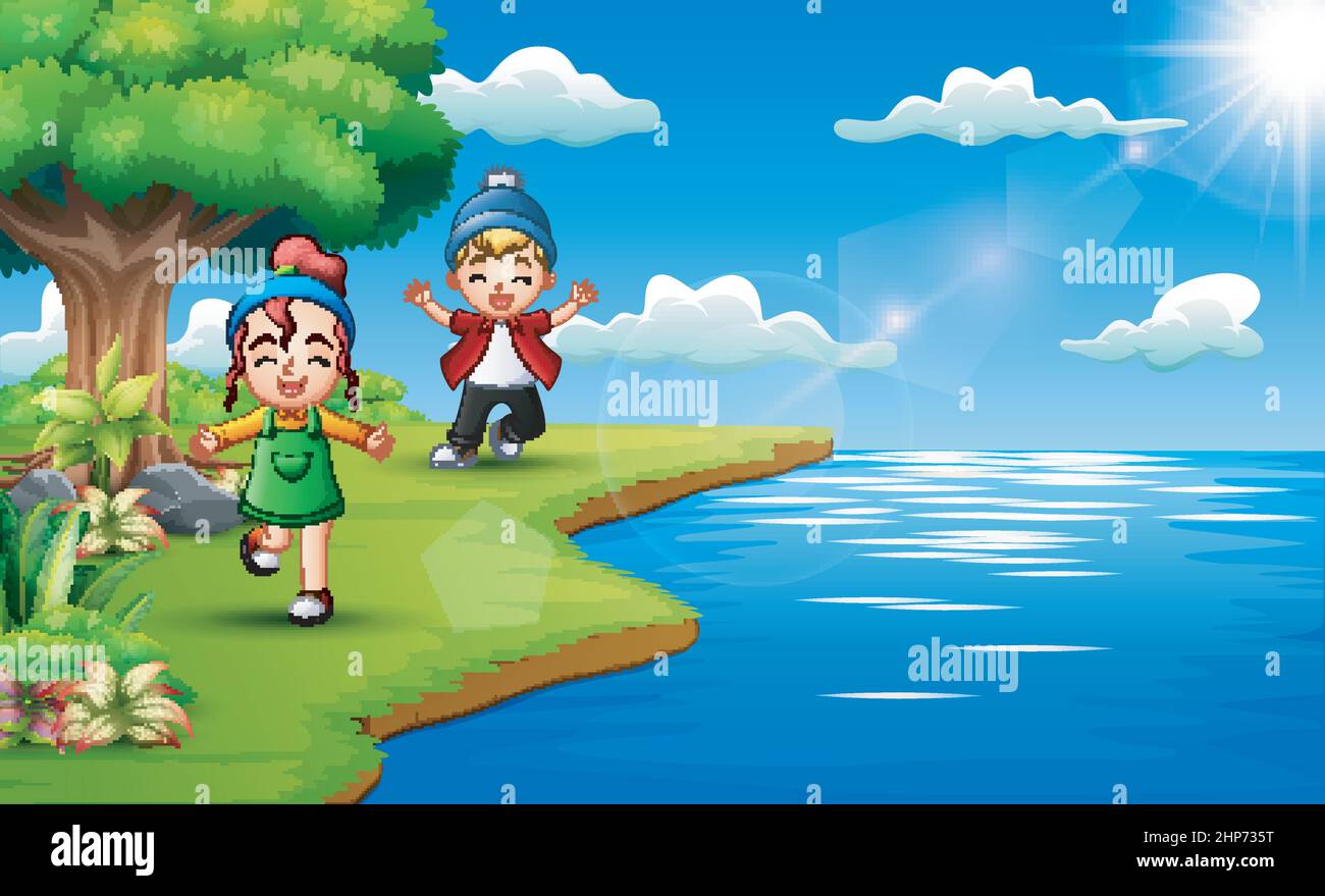 Les enfants sont heureux de jouer au bord de la rivière Illustration de Vecteur