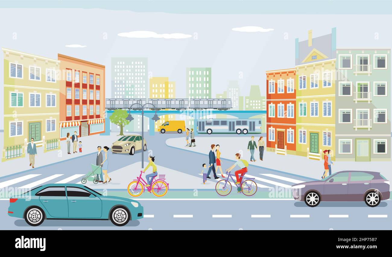 Silhouette de ville avec intersection dans une ville et personnes sur le trottoir, illustration Illustration de Vecteur