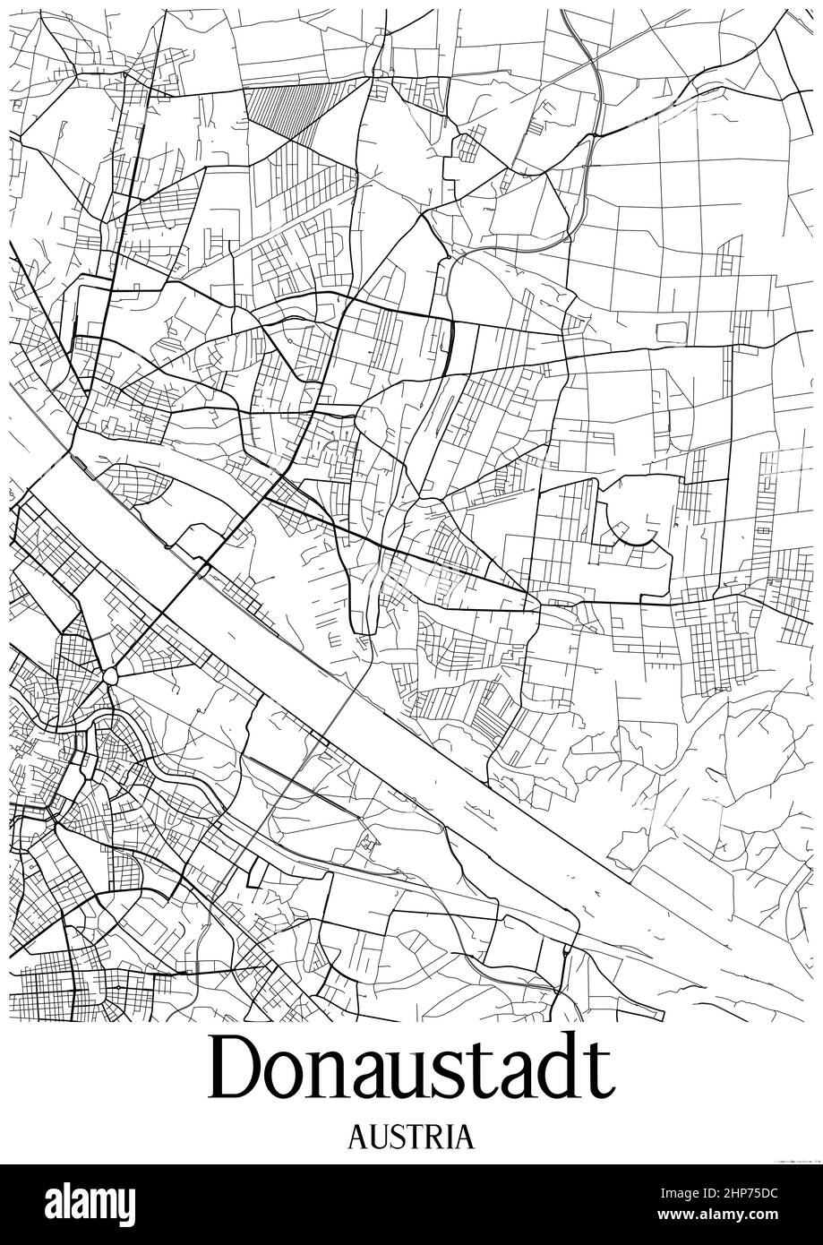 Carte urbaine en noir et blanc de Donaustadt Autriche. Cette carte contient des lignes géographiques pour les routes principales et secondaires. Banque D'Images