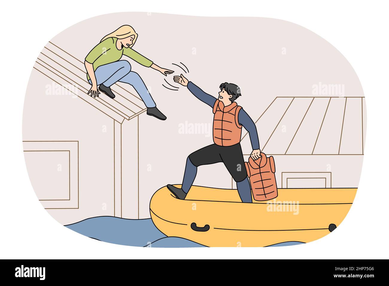 Le secouriste en bateau aide les gens de la maison inondée Illustration de Vecteur