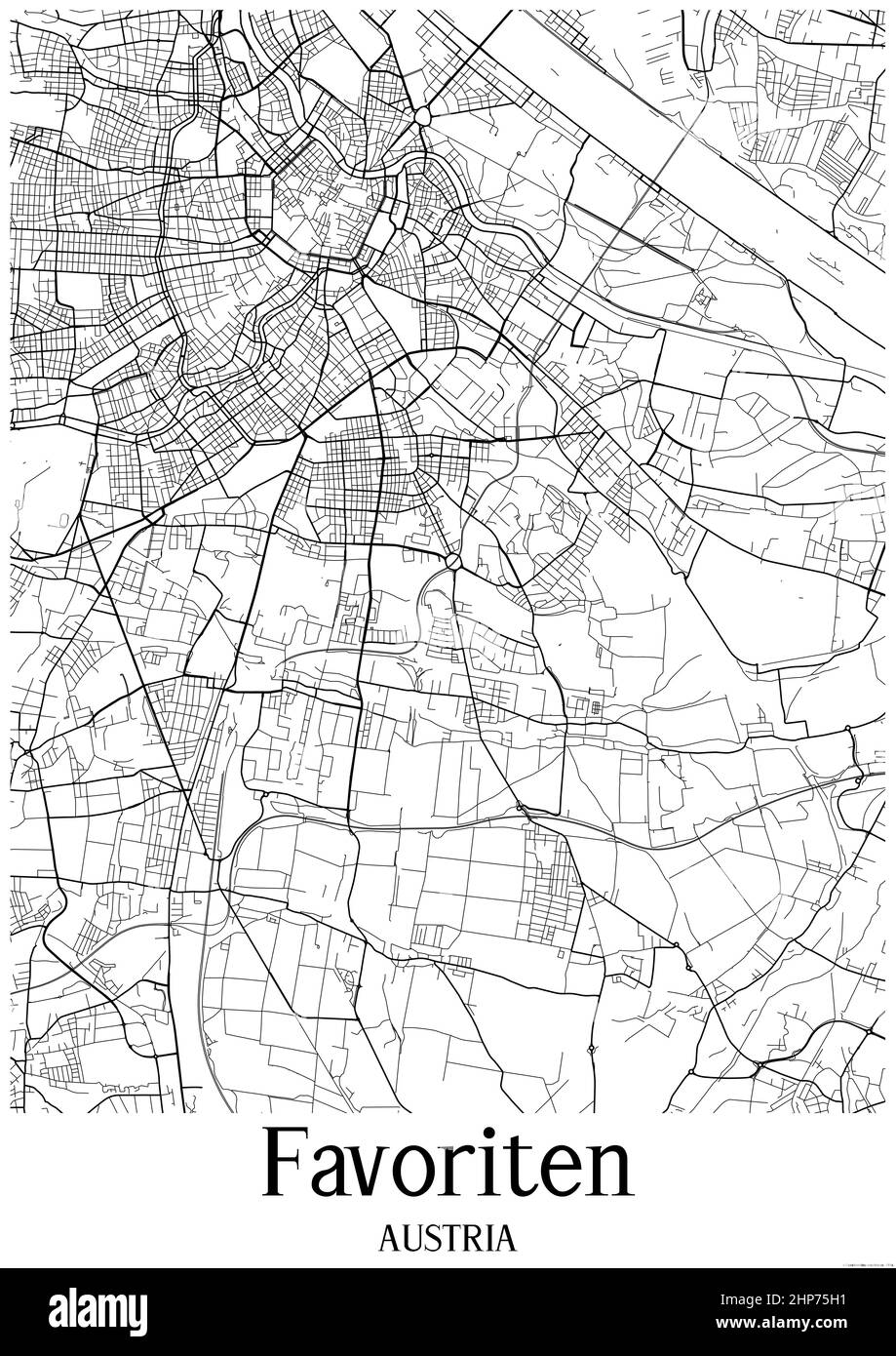 Carte urbaine en noir et blanc de Favoriten Autriche. Cette carte contient des lignes géographiques pour les routes principales et secondaires. Banque D'Images
