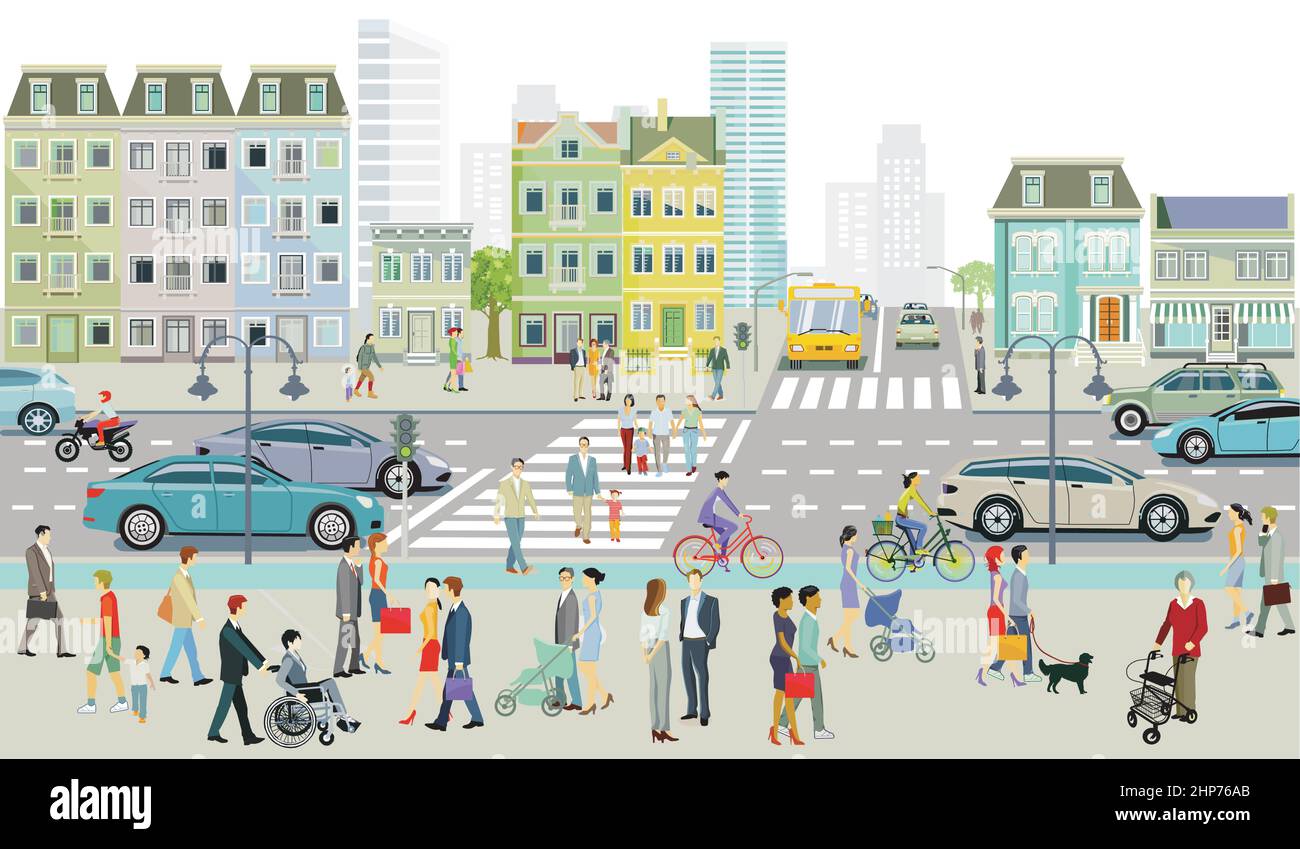 Silhouette de ville avec piétons sur le passage de côté et les transports publics et les personnes sur le trottoir, illustration Illustration de Vecteur
