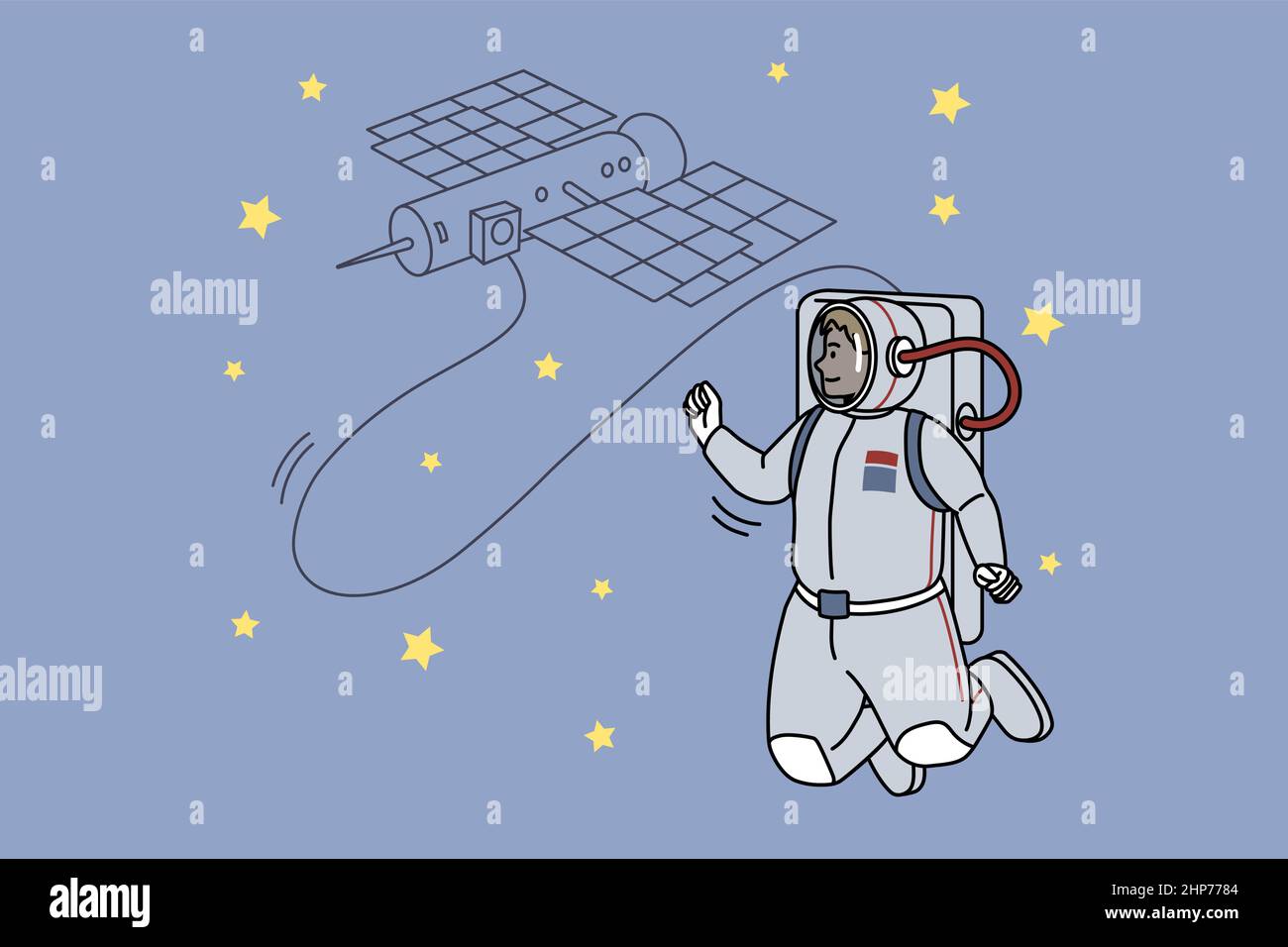 Astronaute en costume avec satellite artificiel dans l'espace Illustration de Vecteur