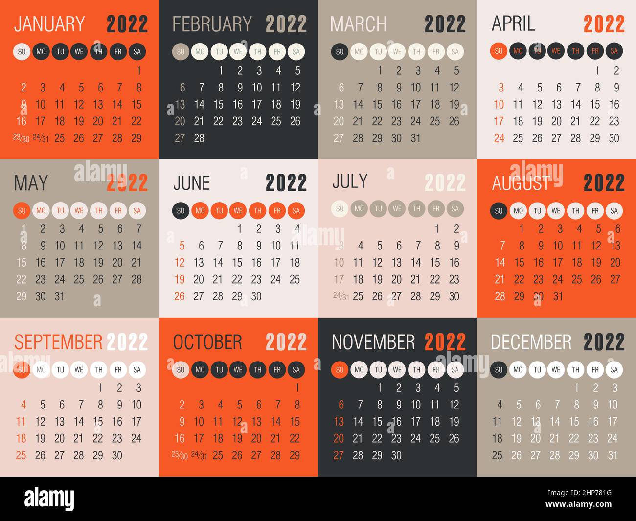 Calendrier vectoriel 2022 ans. La semaine commence le dimanche Illustration de Vecteur