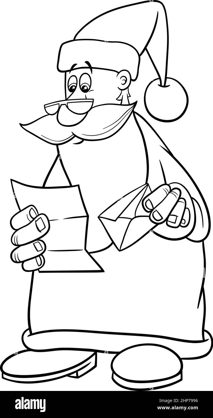 Dessin animé Santa Claus lecture lettre coloriage livre page Illustration de Vecteur
