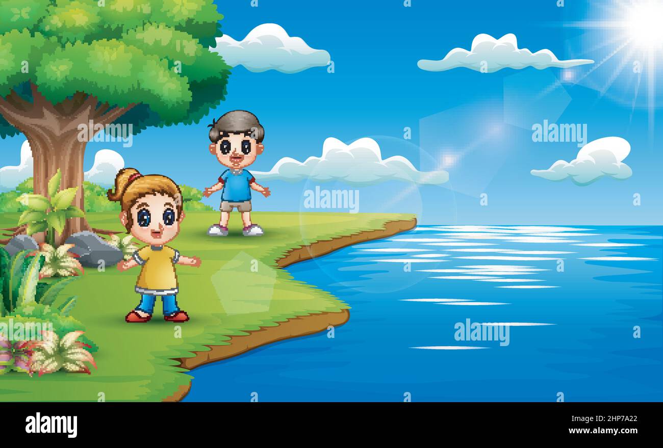Les enfants sont heureux de jouer au bord de la rivière Illustration de Vecteur