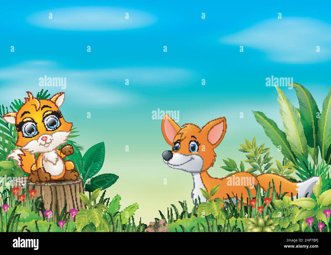Dessin animé de la scène de la nature avec deux renards Illustration de Vecteur