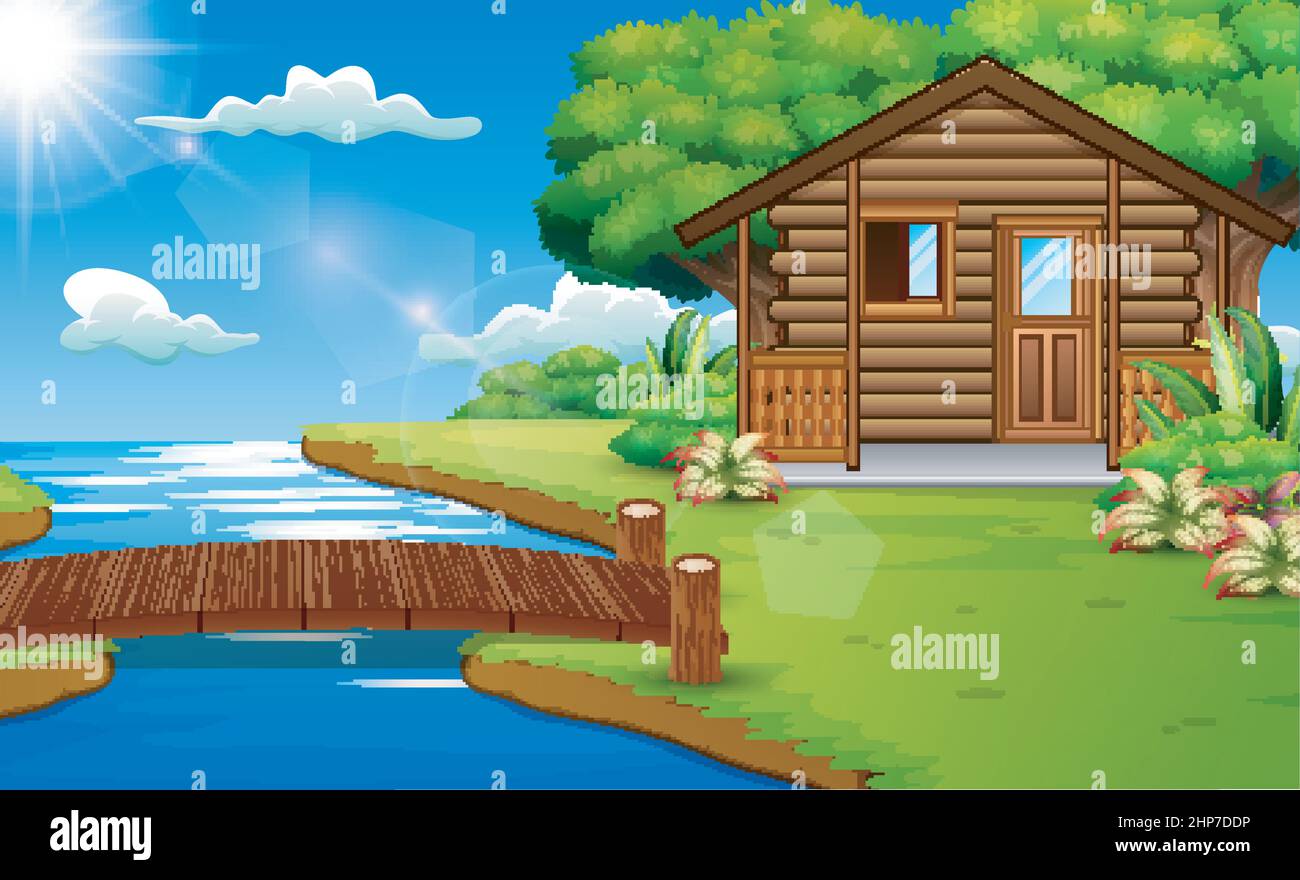 Scène nature avec maisons en bois sur le bord de la rivière Illustration de Vecteur