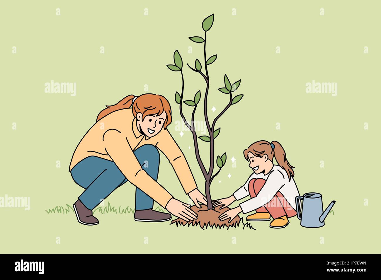 Une maman heureuse et une fille plantent l'arbre ensemble Illustration de Vecteur