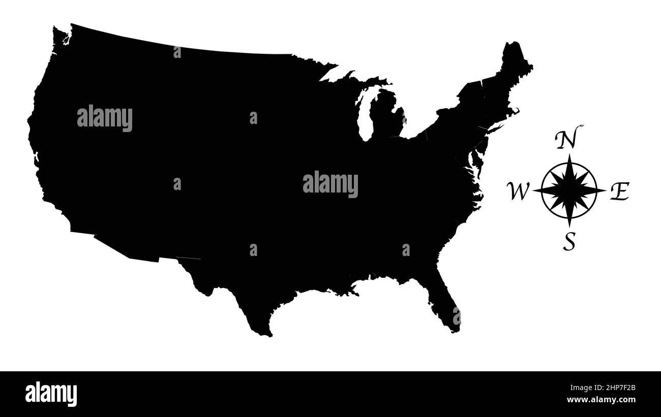 USA Outline Silhouette Map avec Compass Illustration de Vecteur